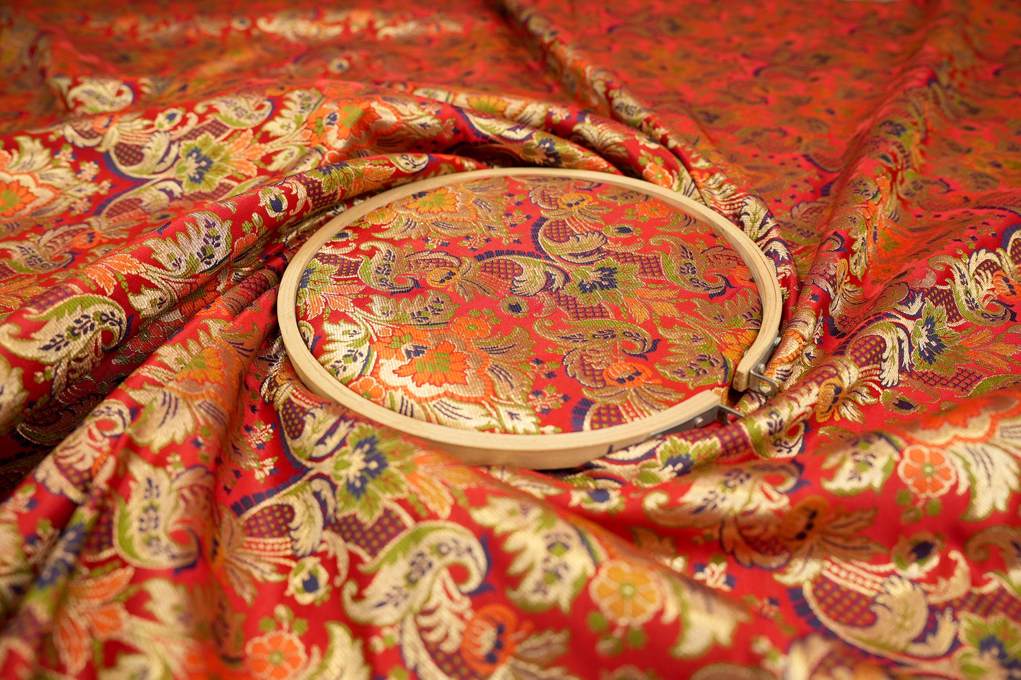 Red colour banarasi brocade fabric with beautiful traditional pattern