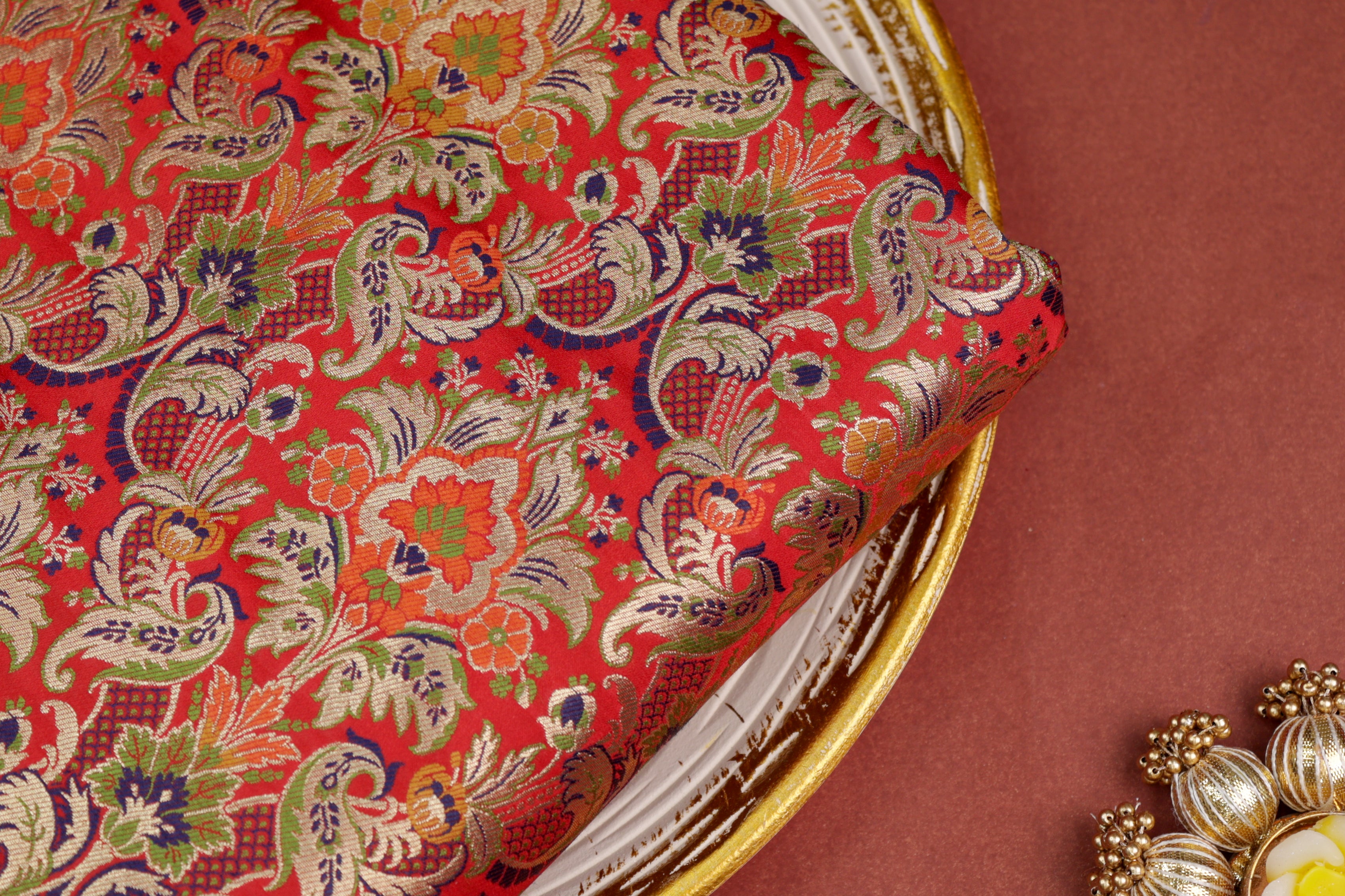 Red colour banarasi brocade fabric with beautiful traditional pattern