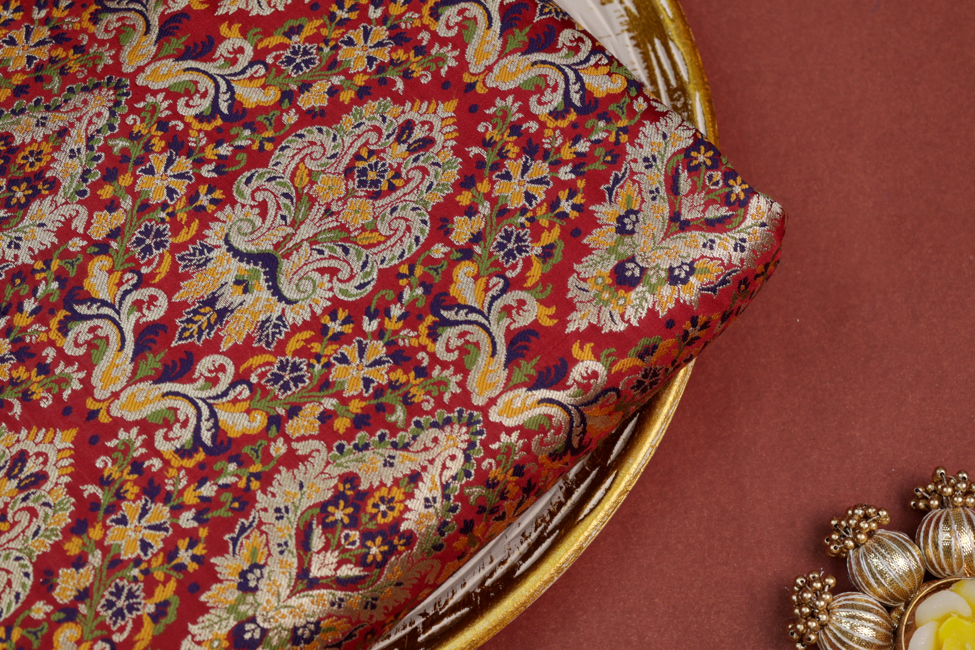 Red colour banarasi brocade fabric with beautiful floral pattern