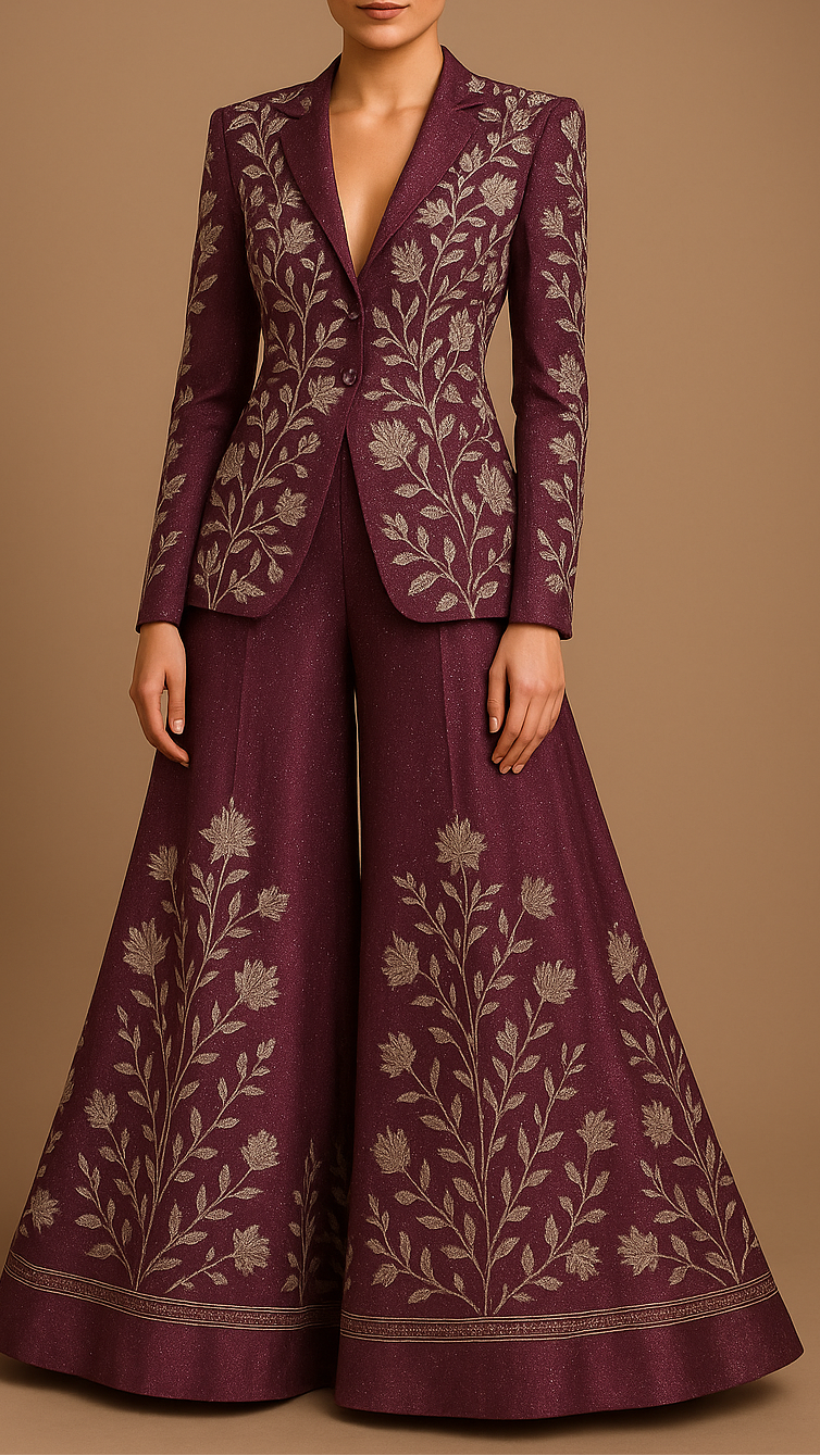 Purple Silk Tissue Fabric With All Over Swarovski Work With One Side Threadwork Border 16561