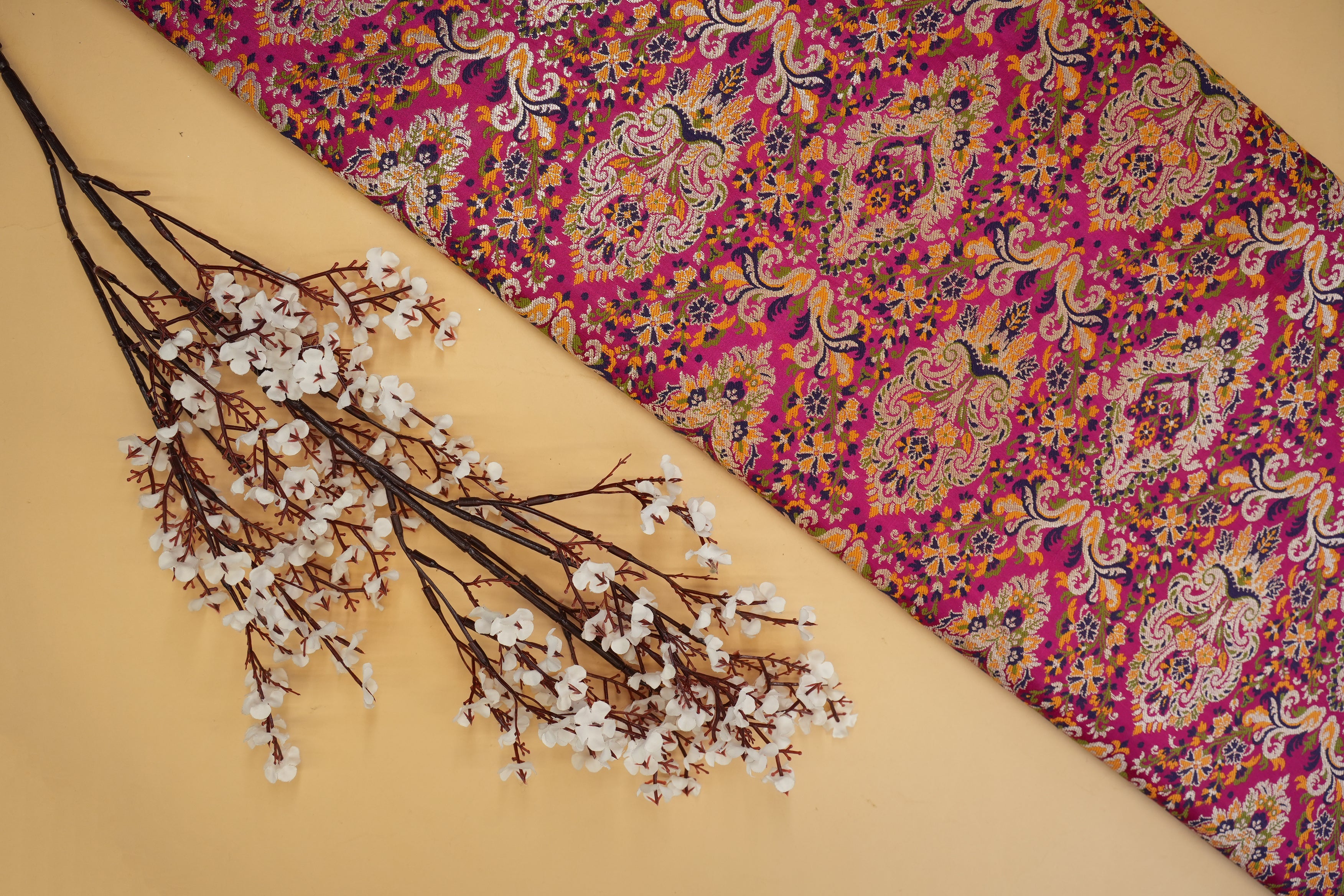 Rani pink colour banarasi brocade fabric with beautiful floral pattern