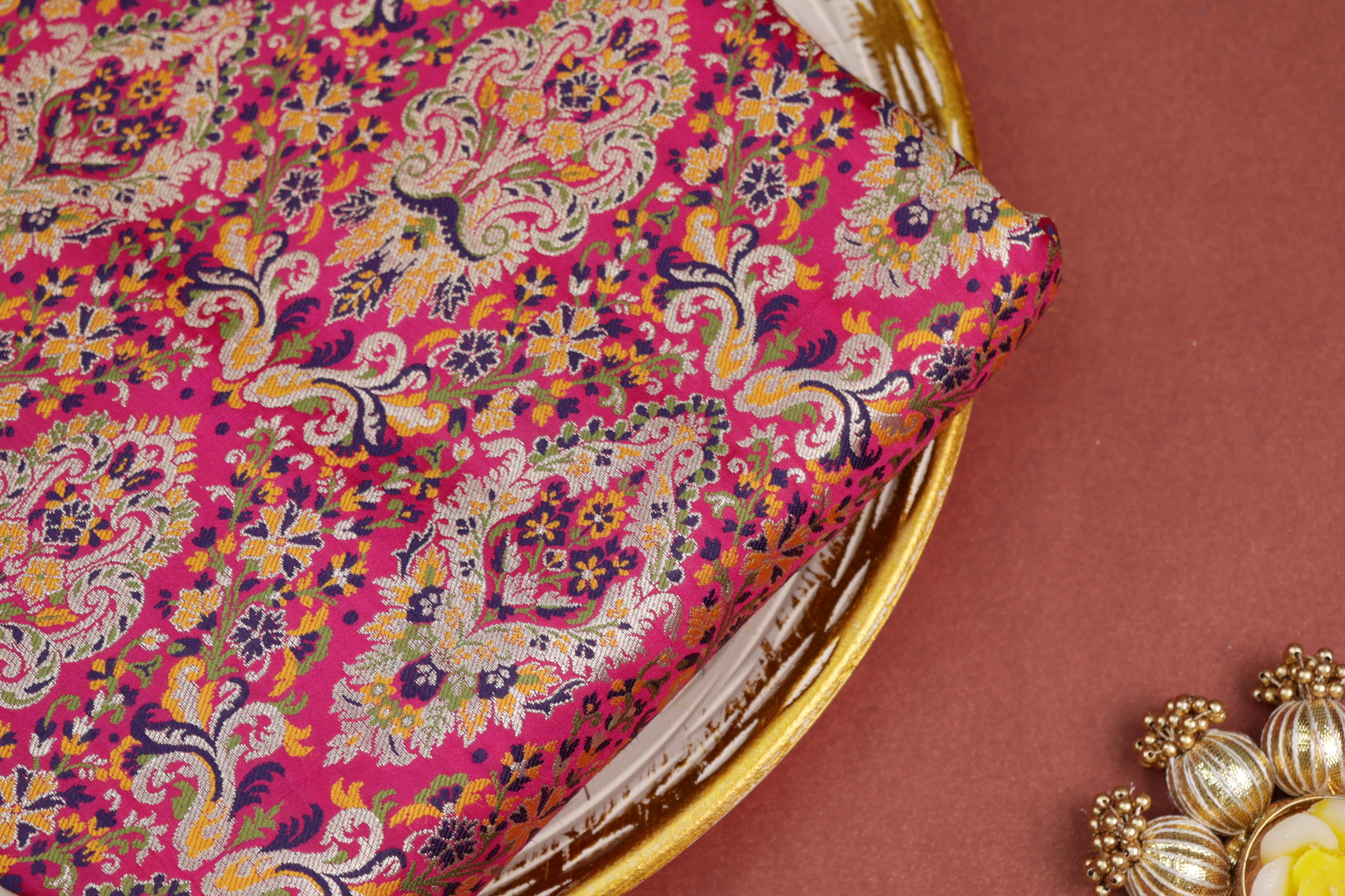 Rani pink colour banarasi brocade fabric with beautiful floral pattern