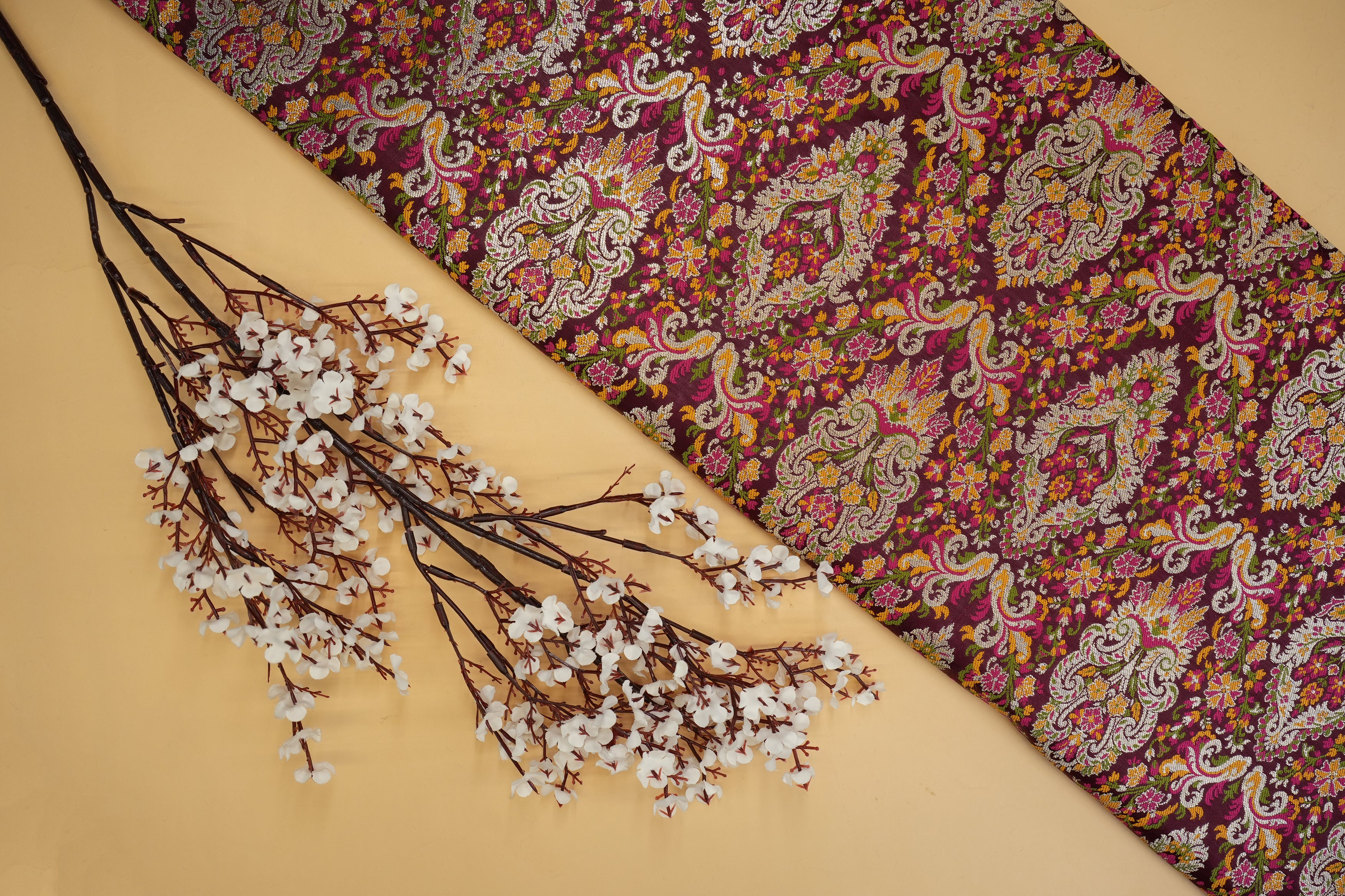 Maroon colour banarasi brocade fabric with beautiful floral pattern