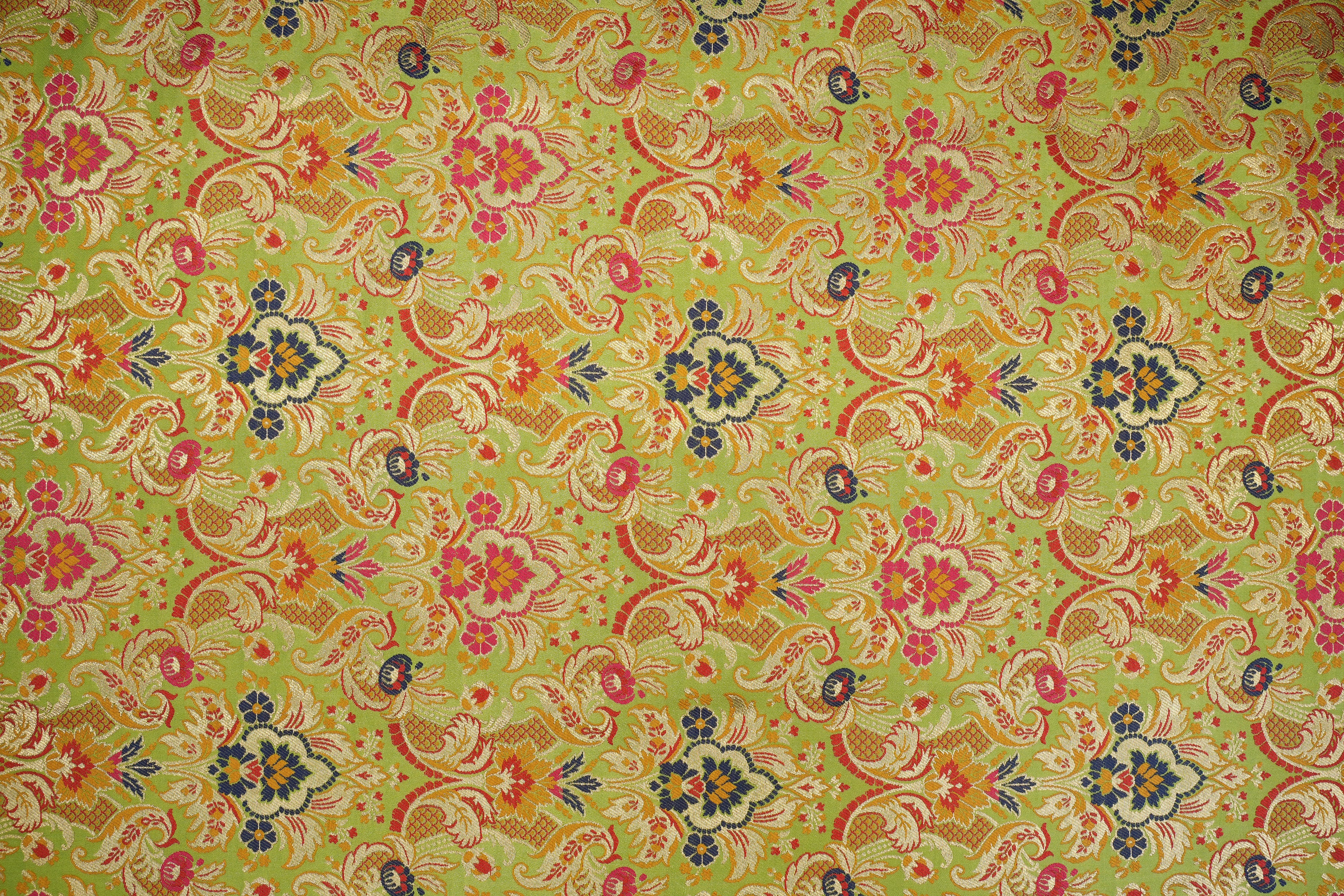 Parrot green colour banarasi brocade fabric with beautiful traditional pattern