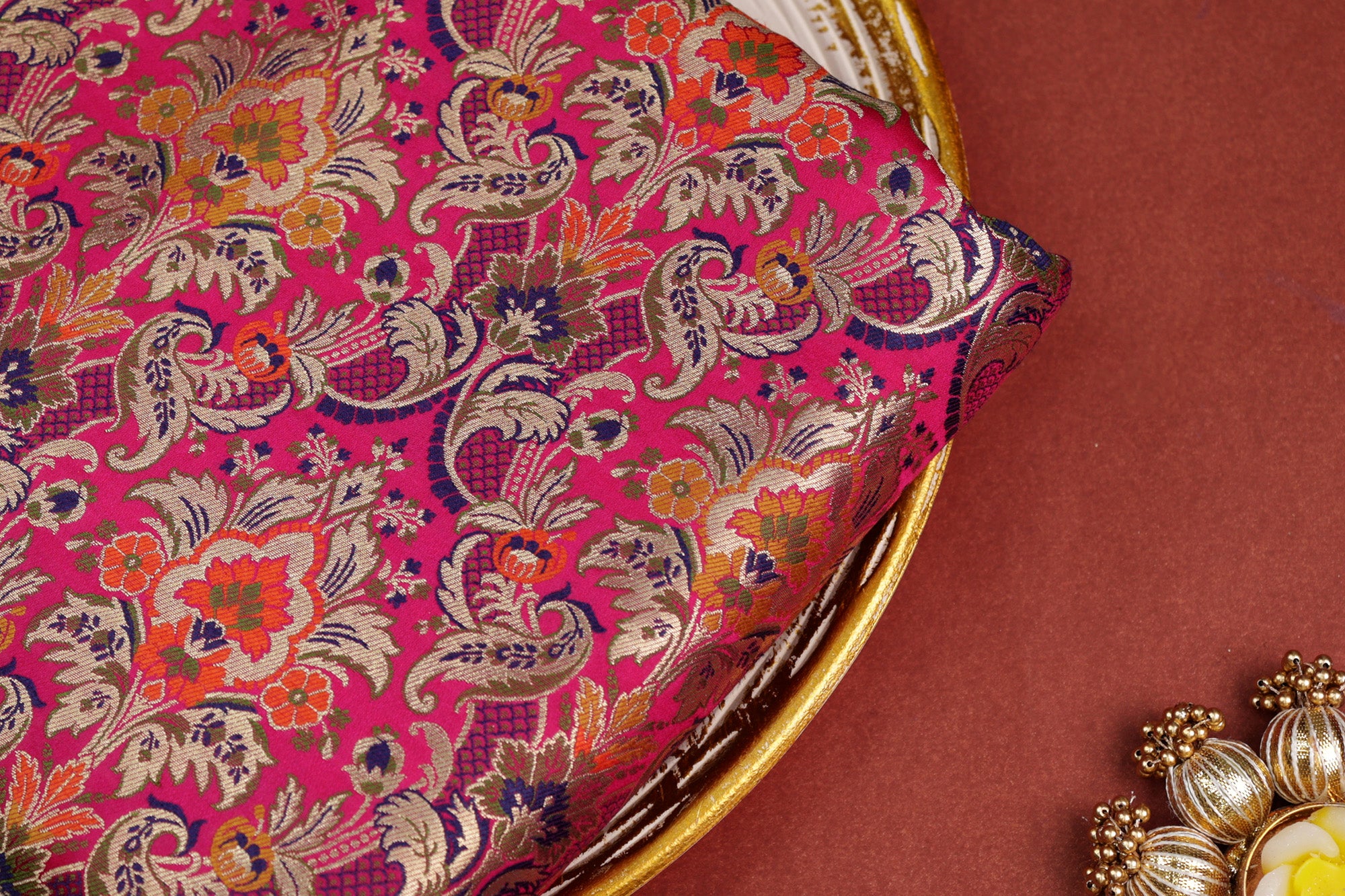 Pure Magenta colour banarasi brocade fabric with beautiful Floral pattern