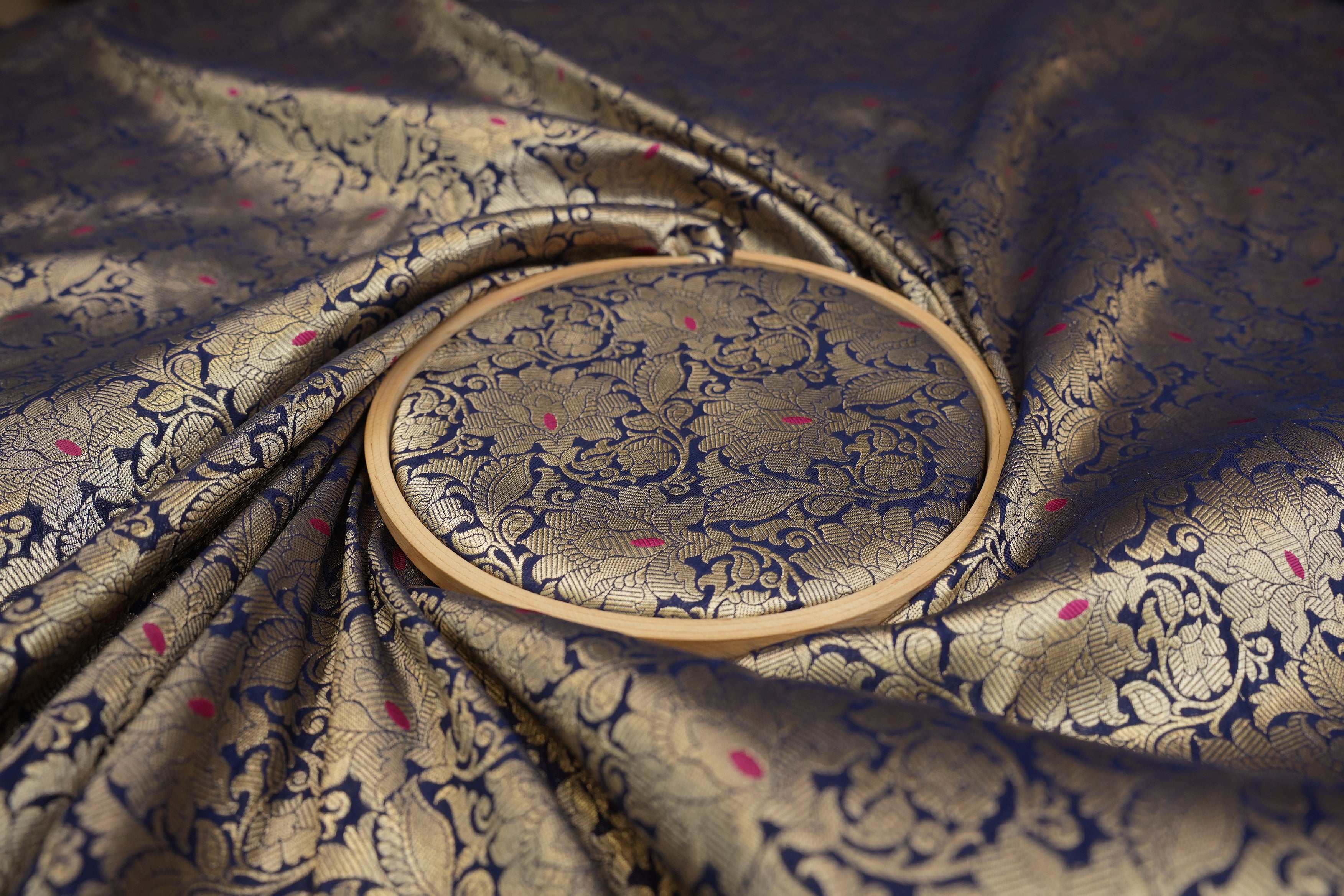 Navy blue pink colour banarasi brocade fabric with beautiful traditional pattern