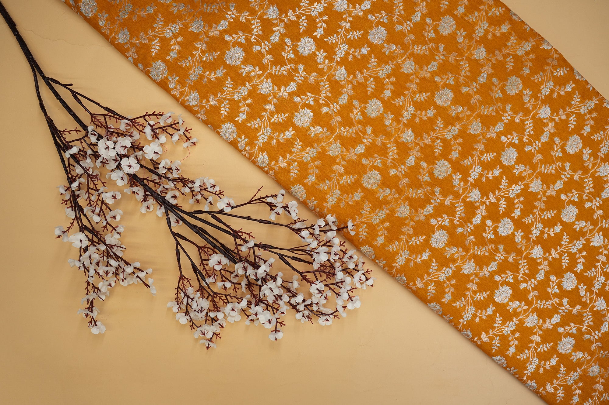 Mustard colour banarasi brocade fabric with beautiful Floral pattern-Paras Gallery Fabric