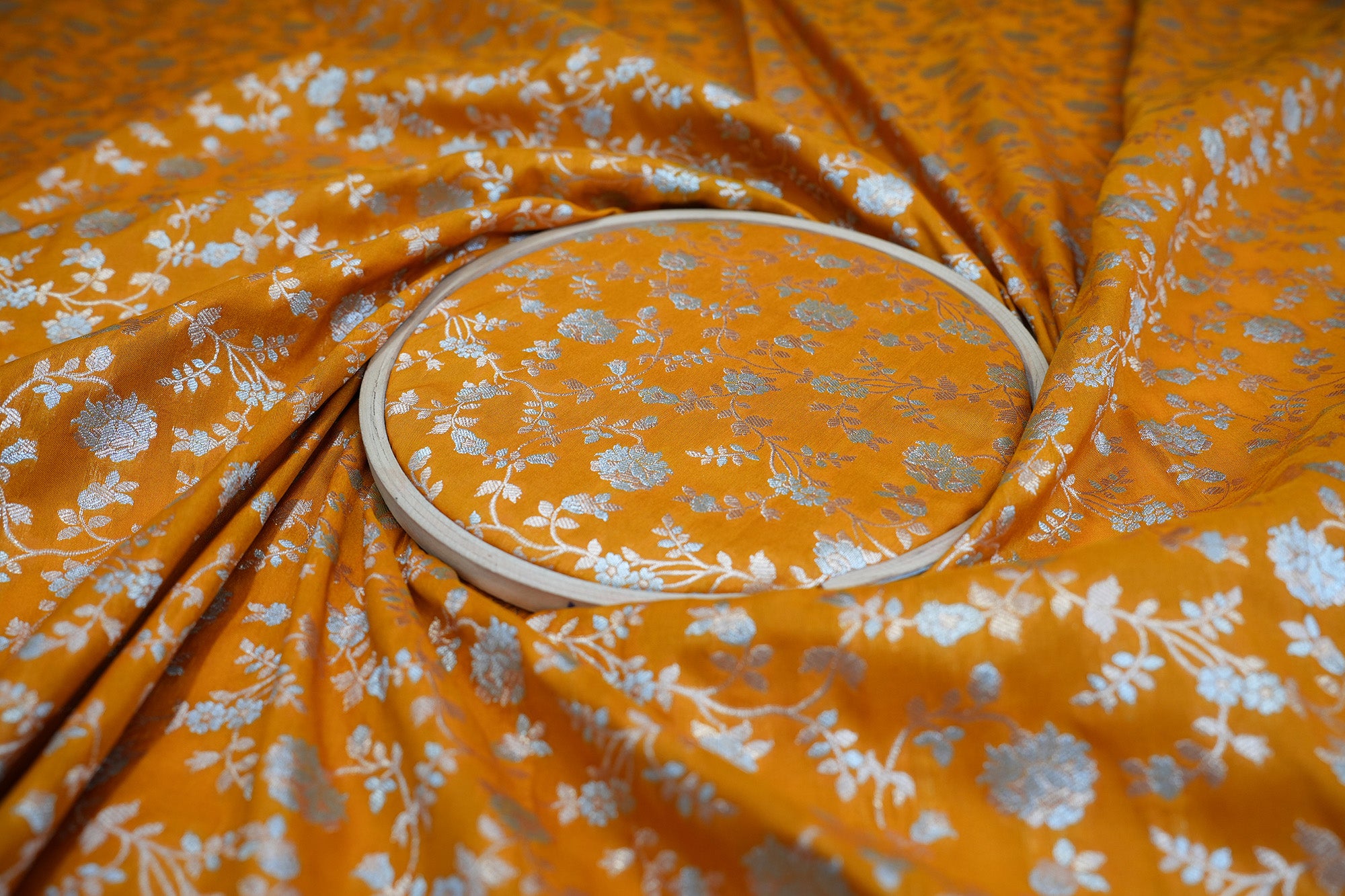 Mustard colour banarasi brocade fabric with beautiful Floral pattern