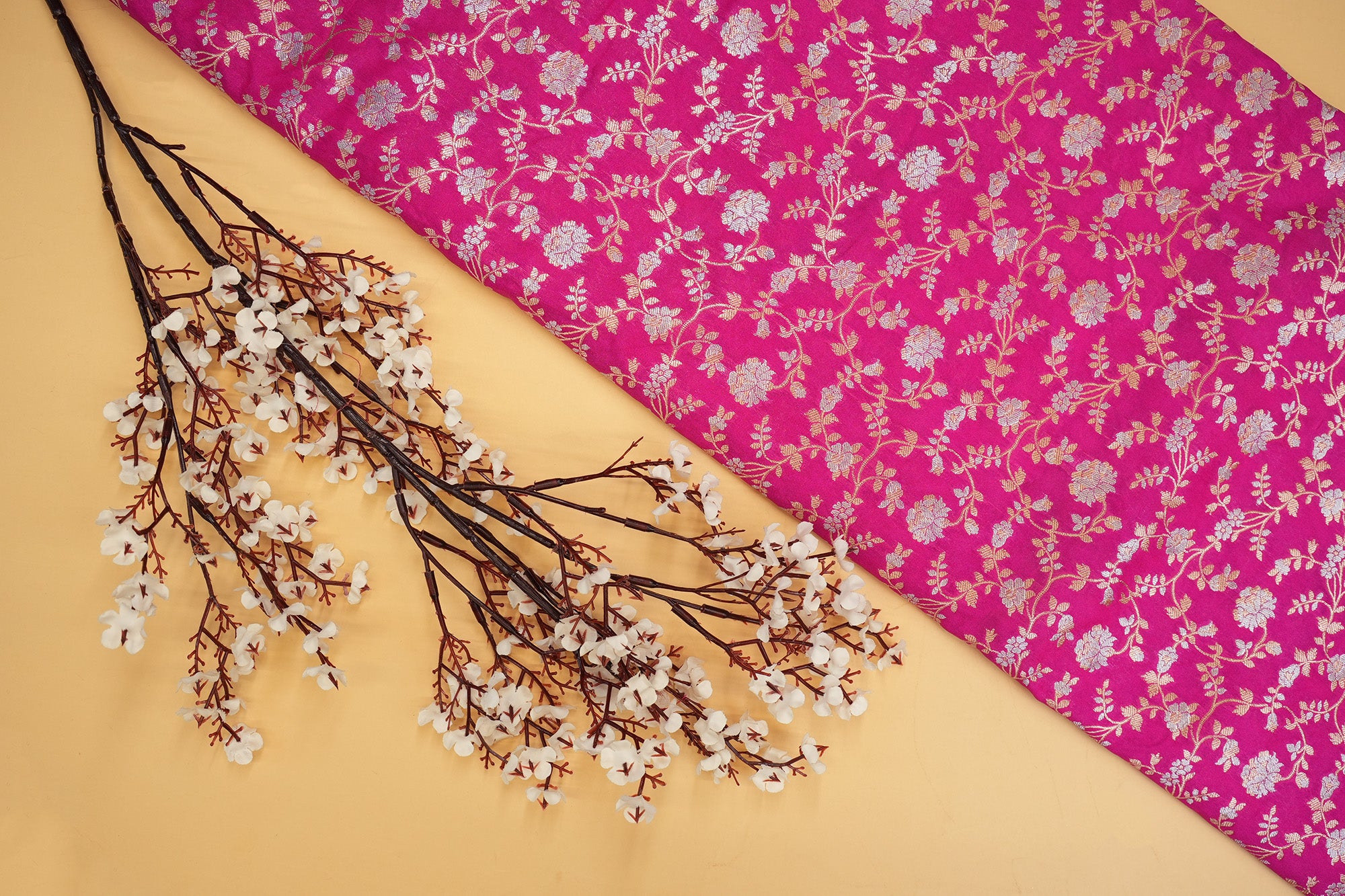 Rani pink colour banarasi brocade fabric with beautiful Floral pattern