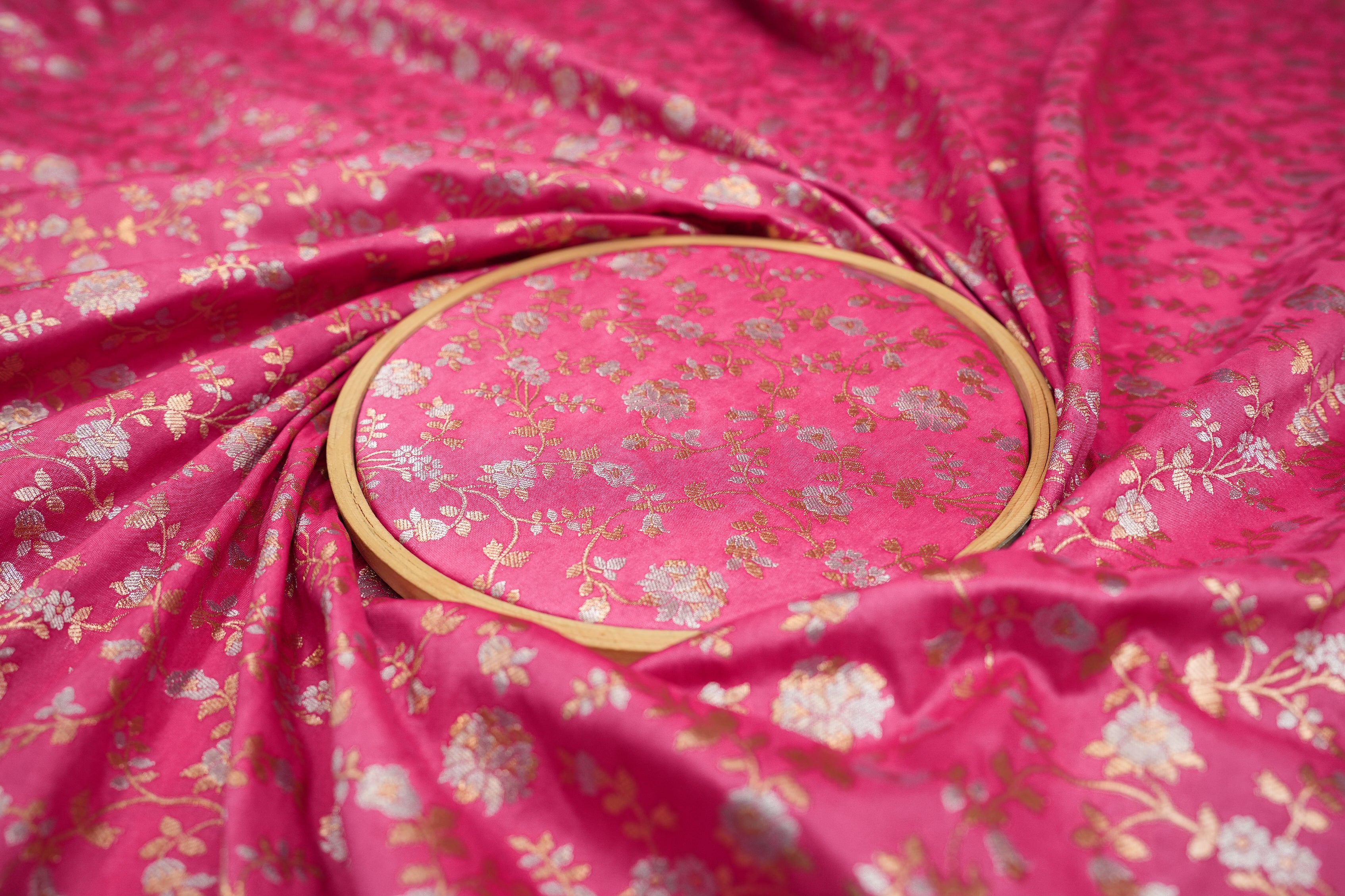 Rani pink colour banarasi brocade fabric with beautiful Floral pattern