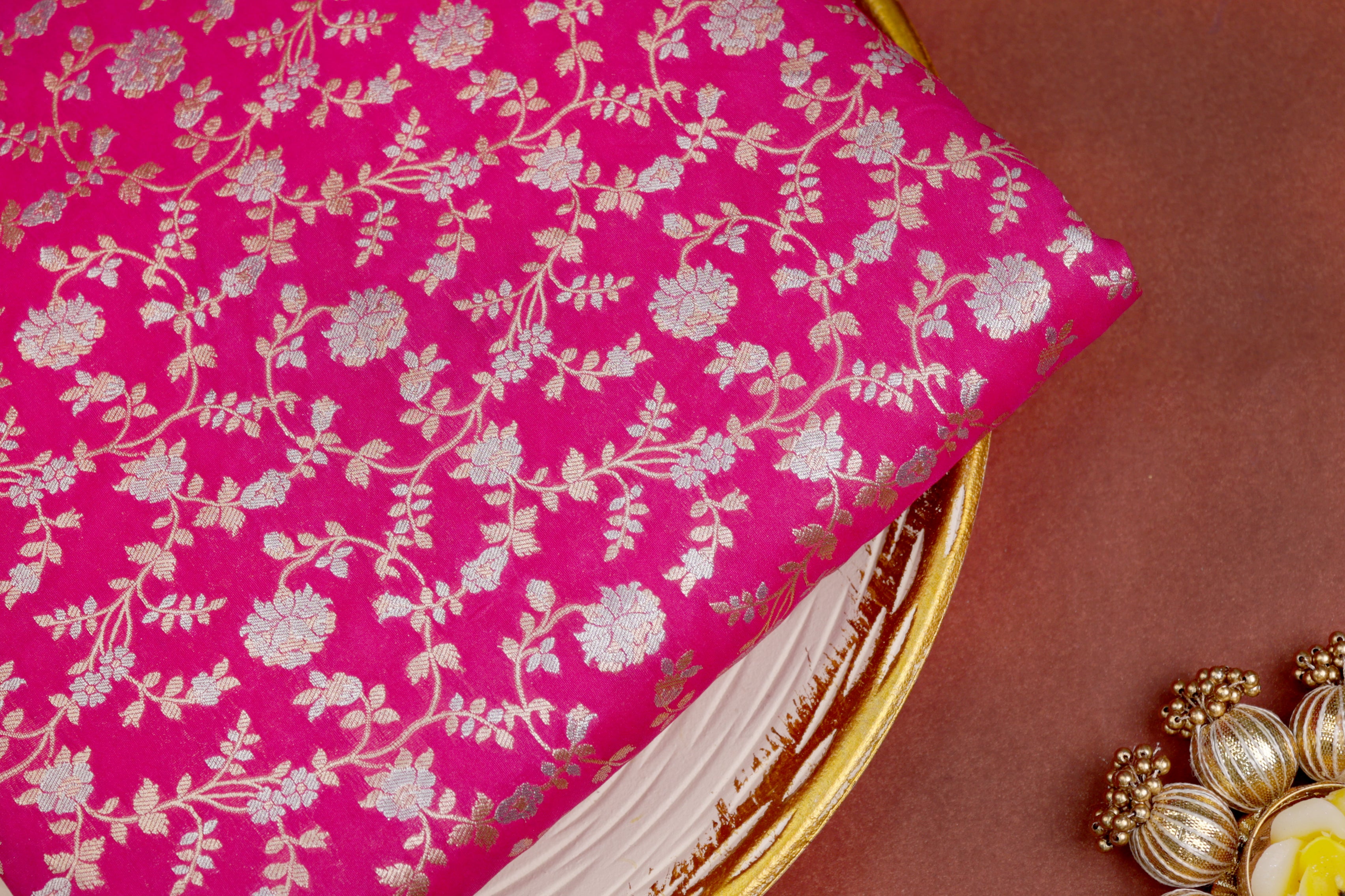 Rani pink colour banarasi brocade fabric with beautiful Floral pattern