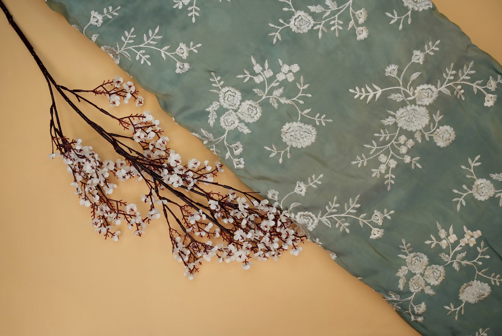 Shimmering Embroidered Tissue Fabric with All-Over Threadwork