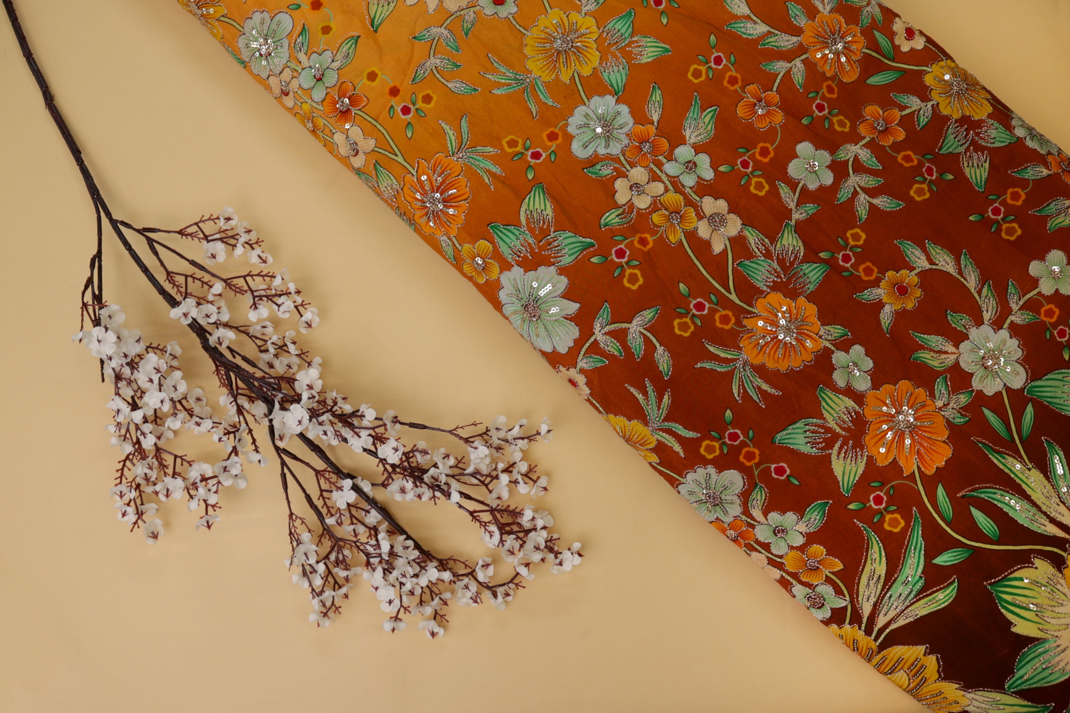 Brown Multicolour Floral Ombre Crepe with Zari & Sequin Border