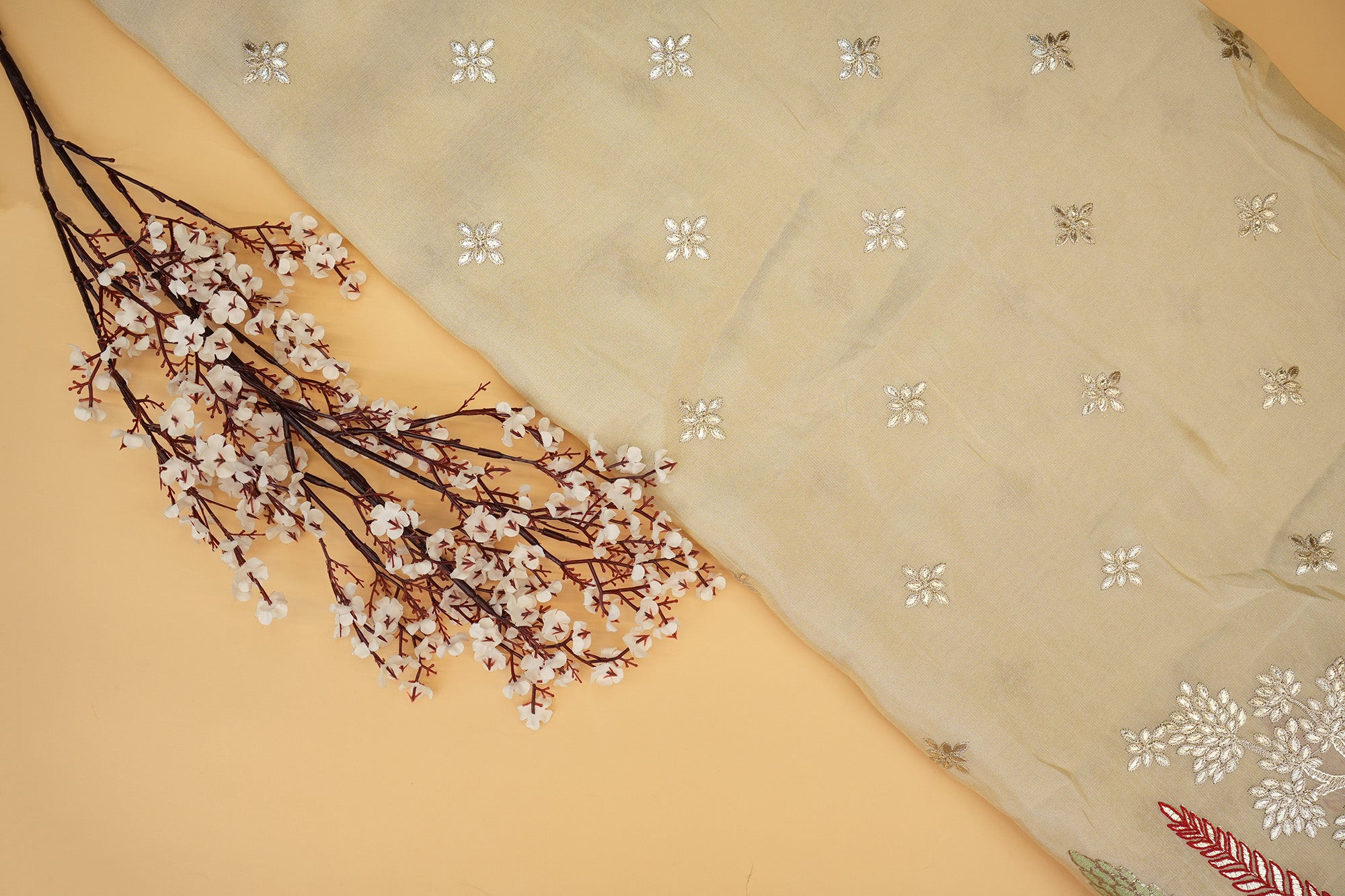 Glimmering Golden Tissue with Multicolor Thread & Zari Embroidery