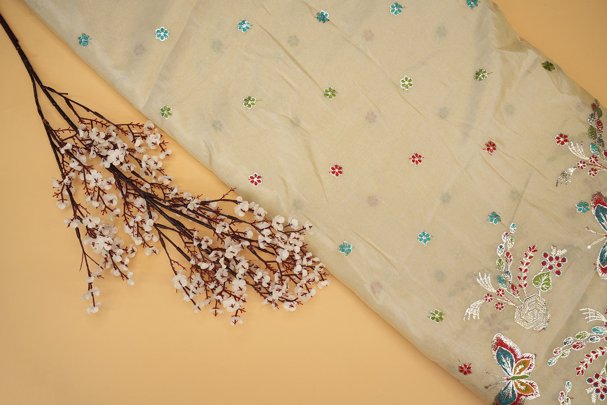 Glimmering Golden Tissue Fabric with Multicolor Threads, Sequins & Zari