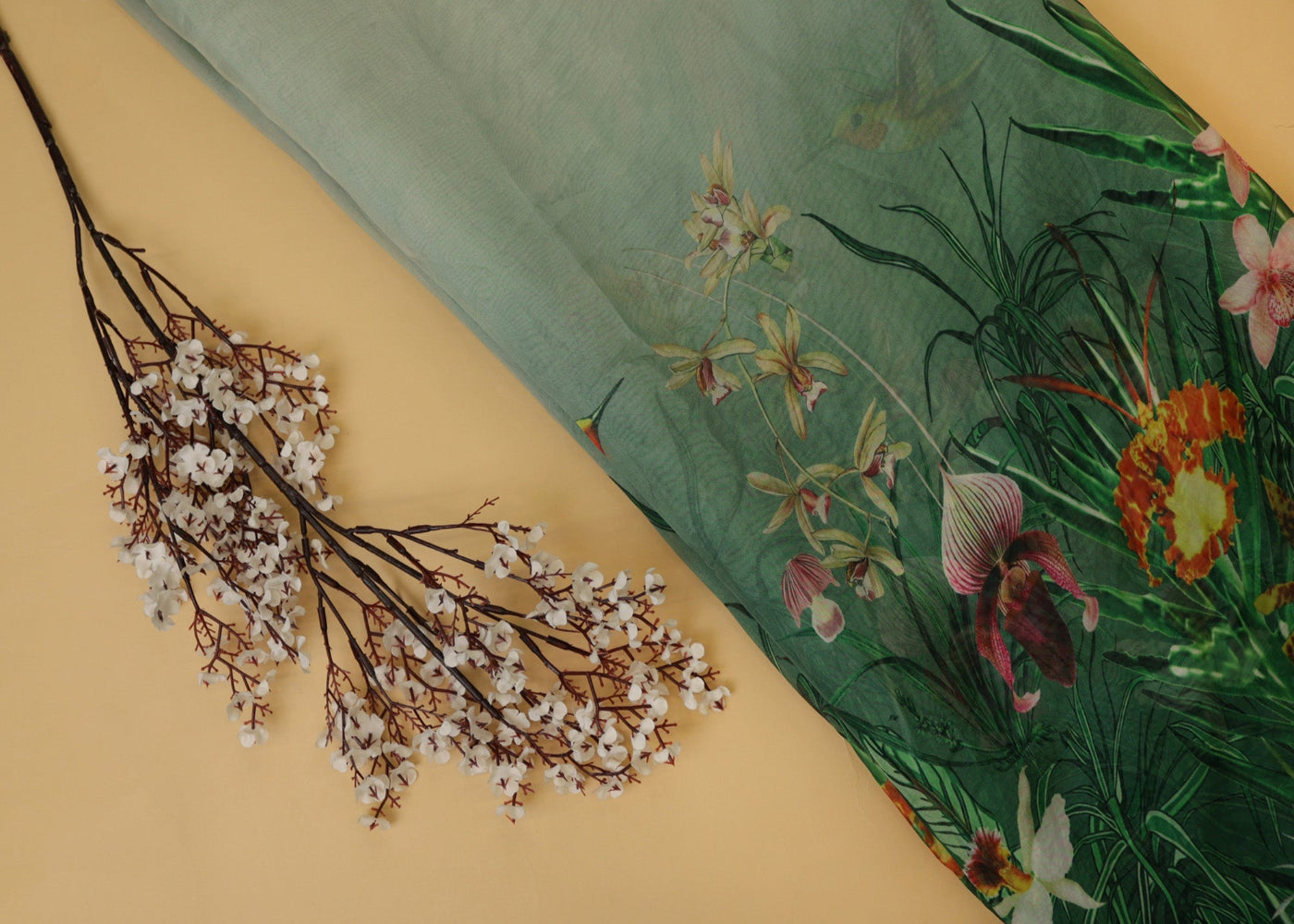 Green Organza with Floral Thread Embroidery & Elegant Cutwork Border