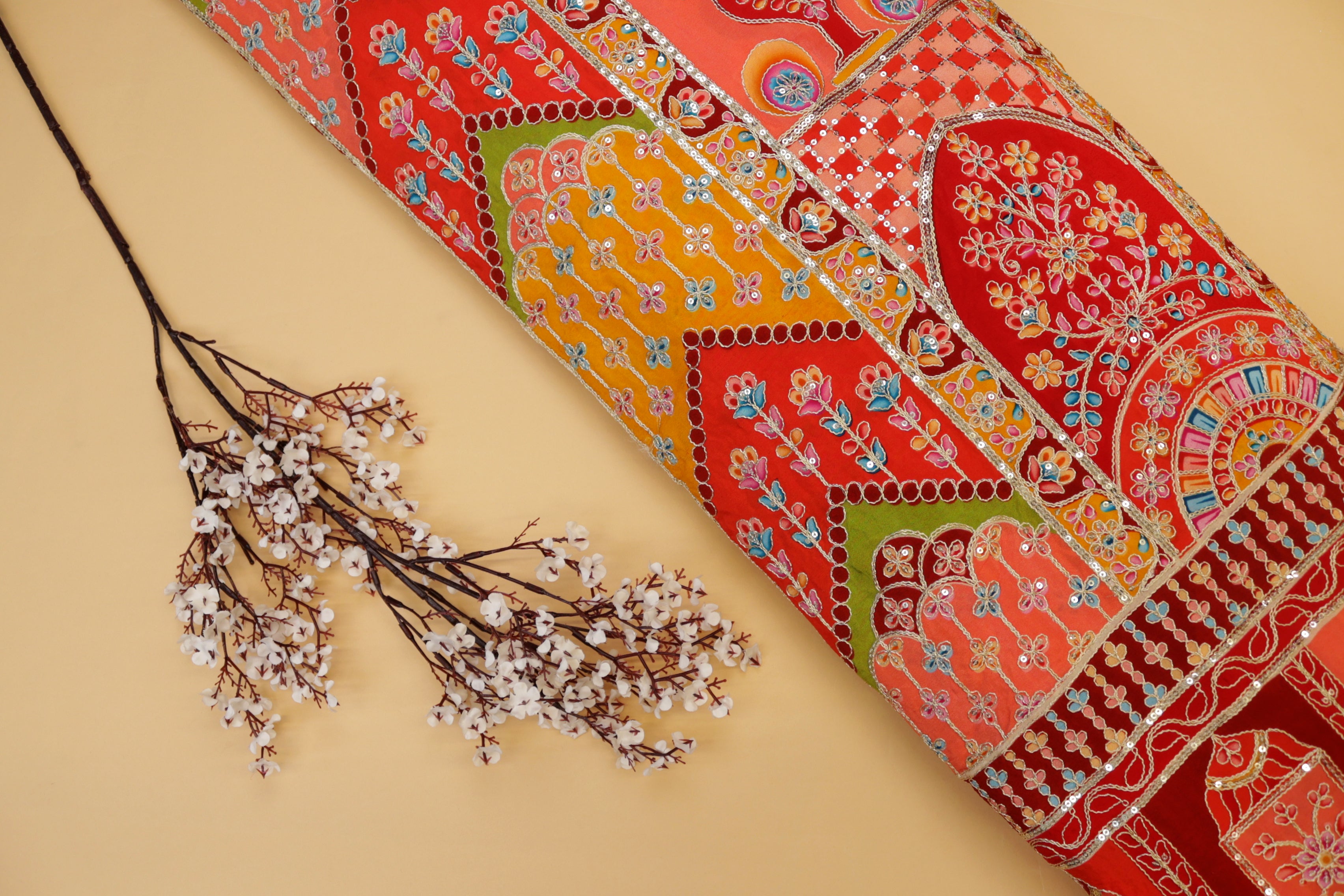 Red Crepe Fabric with Sequins & Zari - Stunning Traditional Patterns