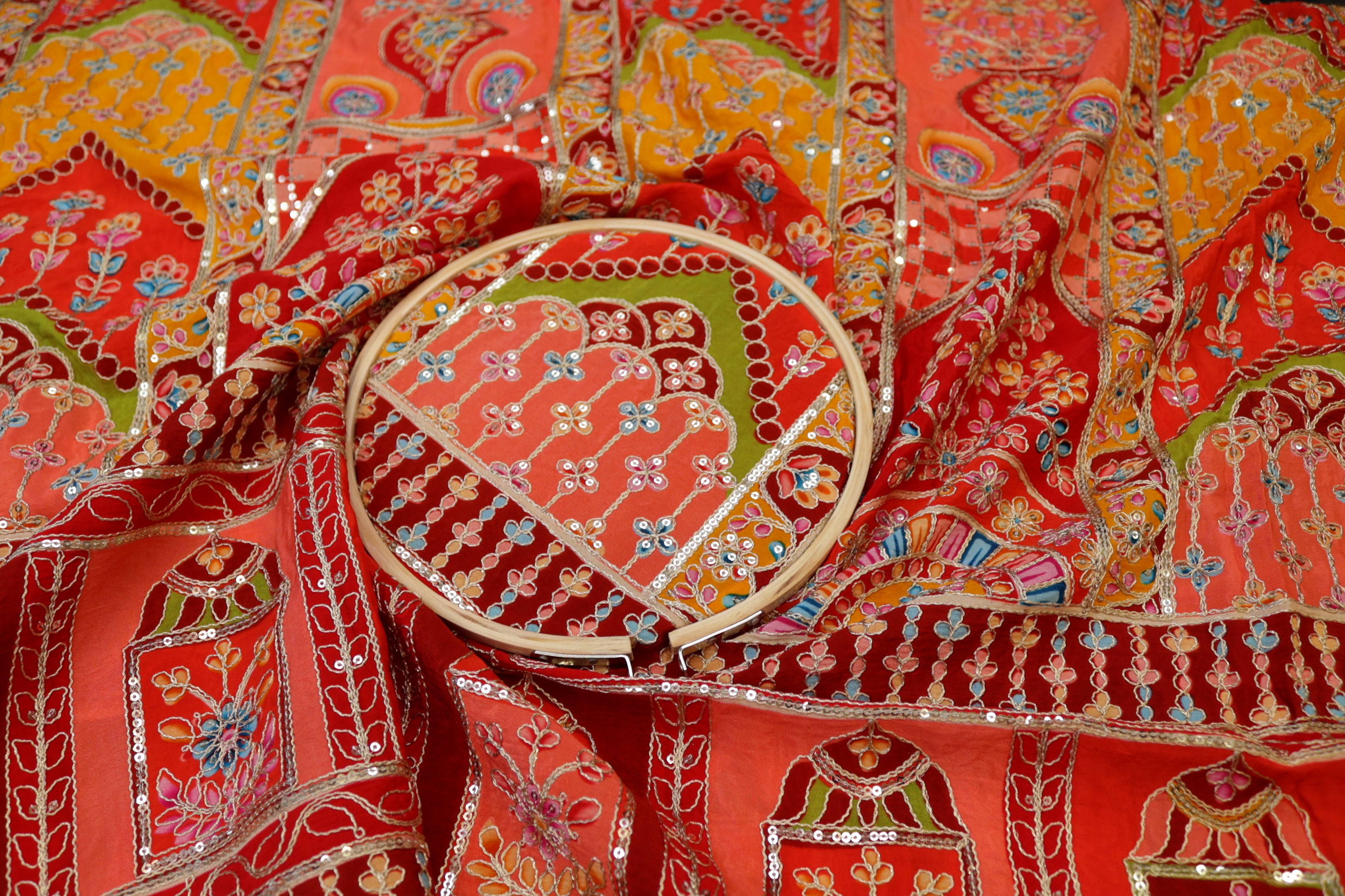 Red Crepe Fabric with Sequins & Zari - Stunning Traditional Patterns