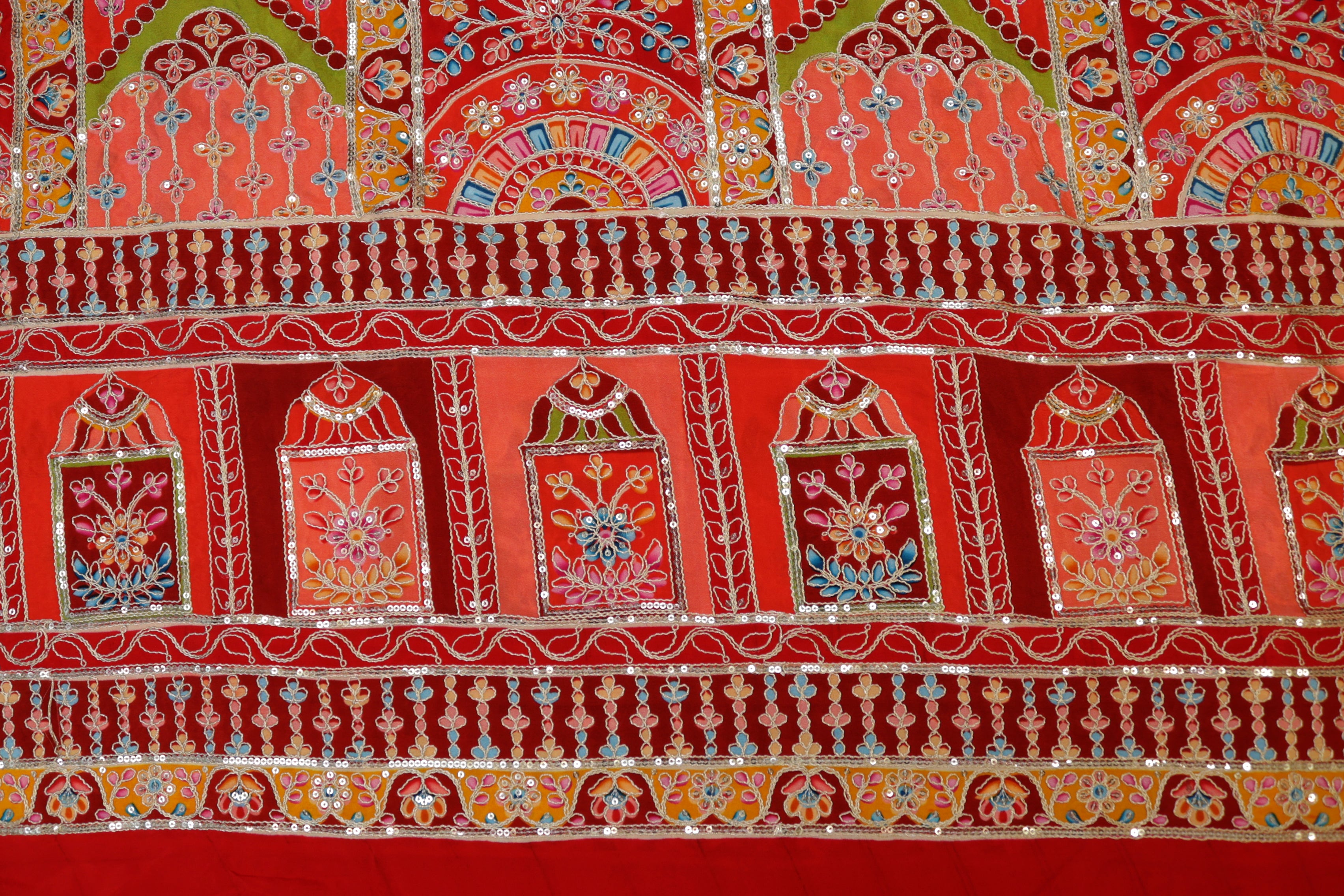 Red Crepe Fabric with Sequins & Zari - Stunning Traditional Patterns