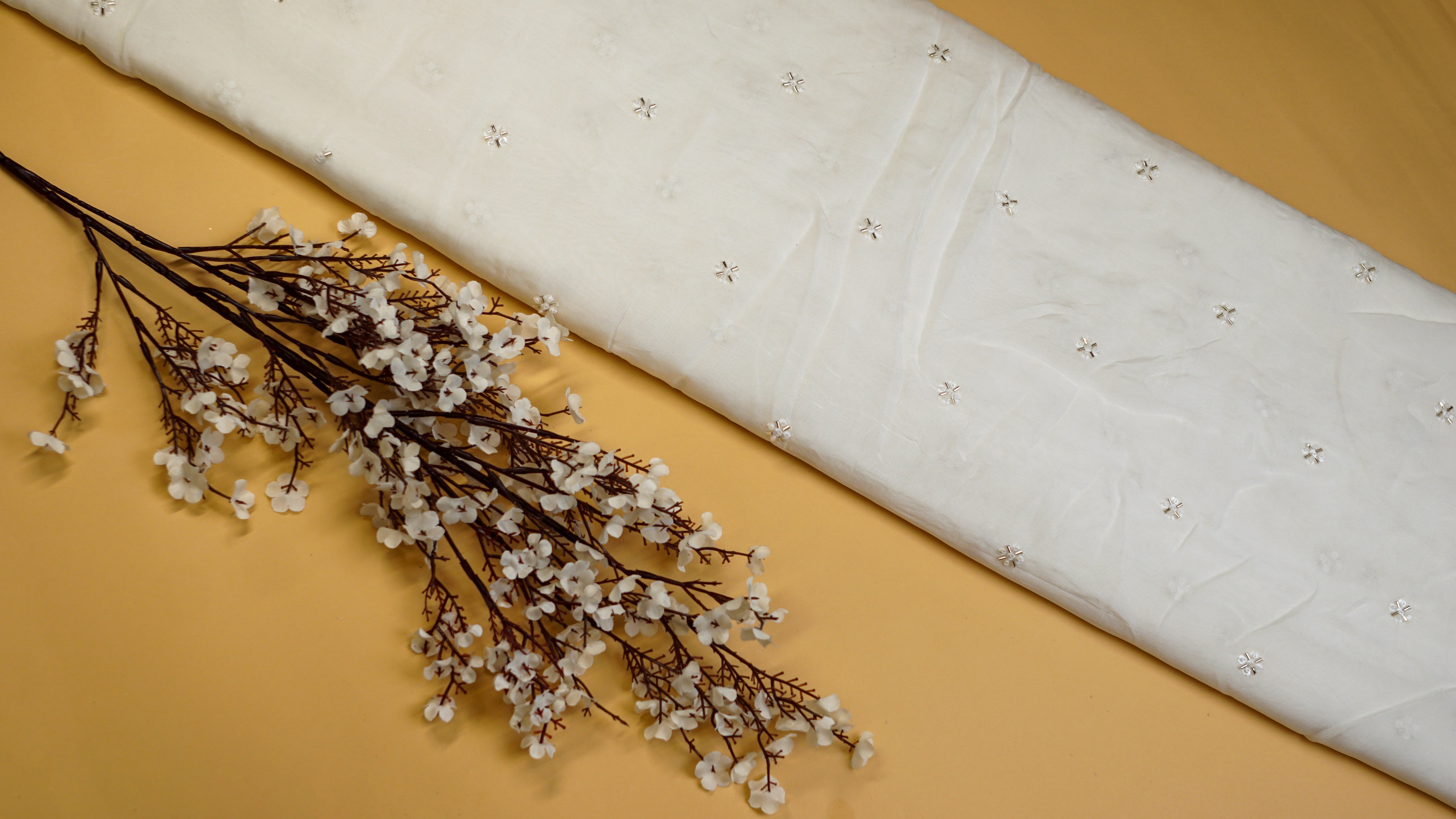 White Viscose Organza with Sequins, Katdana, and Bead Adornments