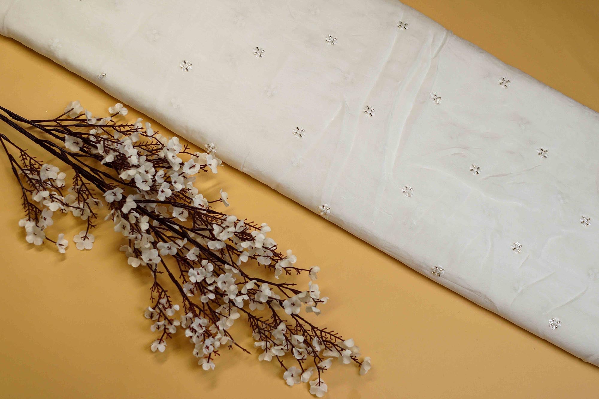 White Viscose Organza with Sequins, Katdana, and Bead Adornments