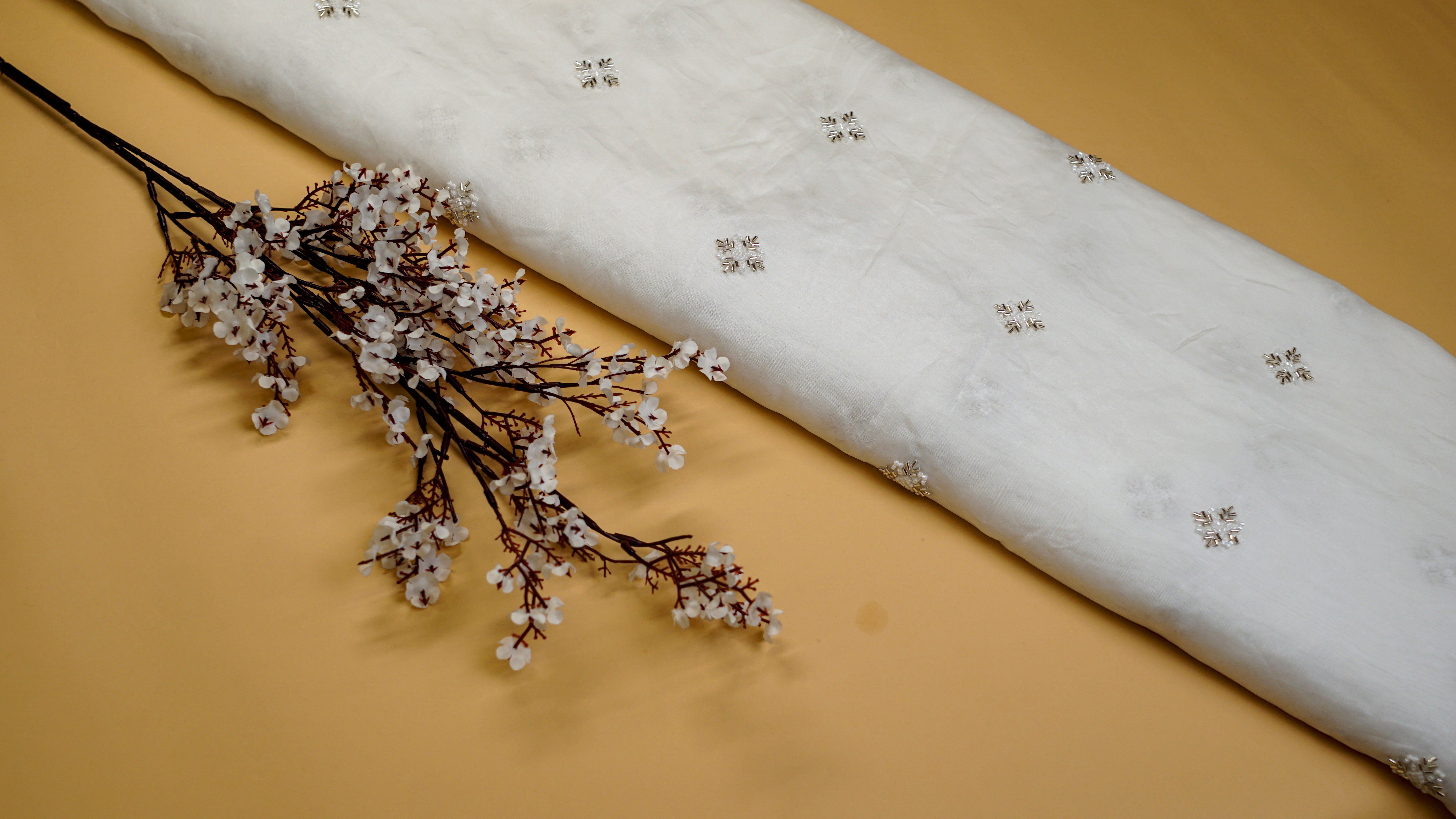 White Viscose Organza with Sequins, Katdana, and Bead Adornments