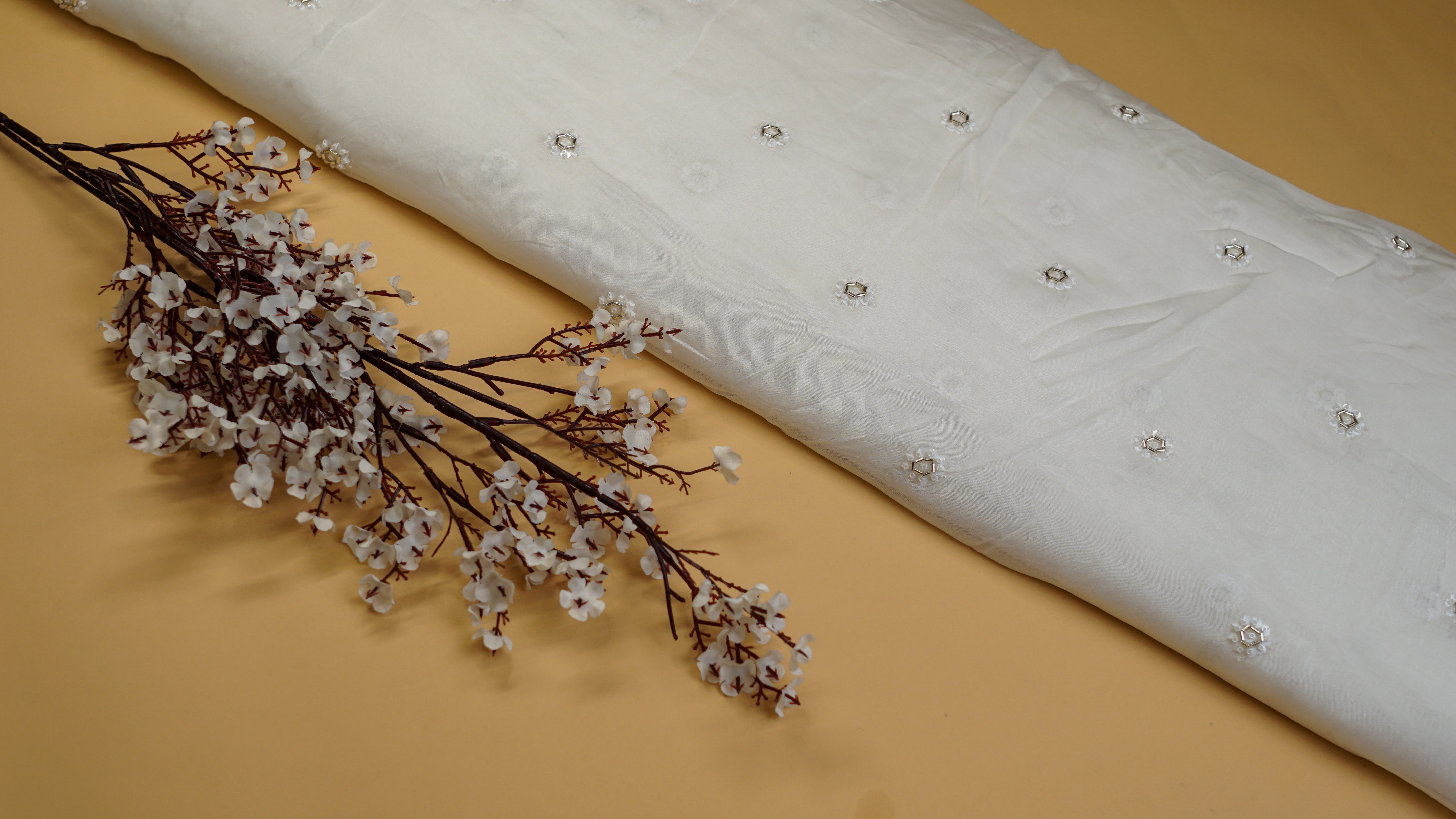 White Viscose Organza with Sequins, Katdana, and Bead Adornments