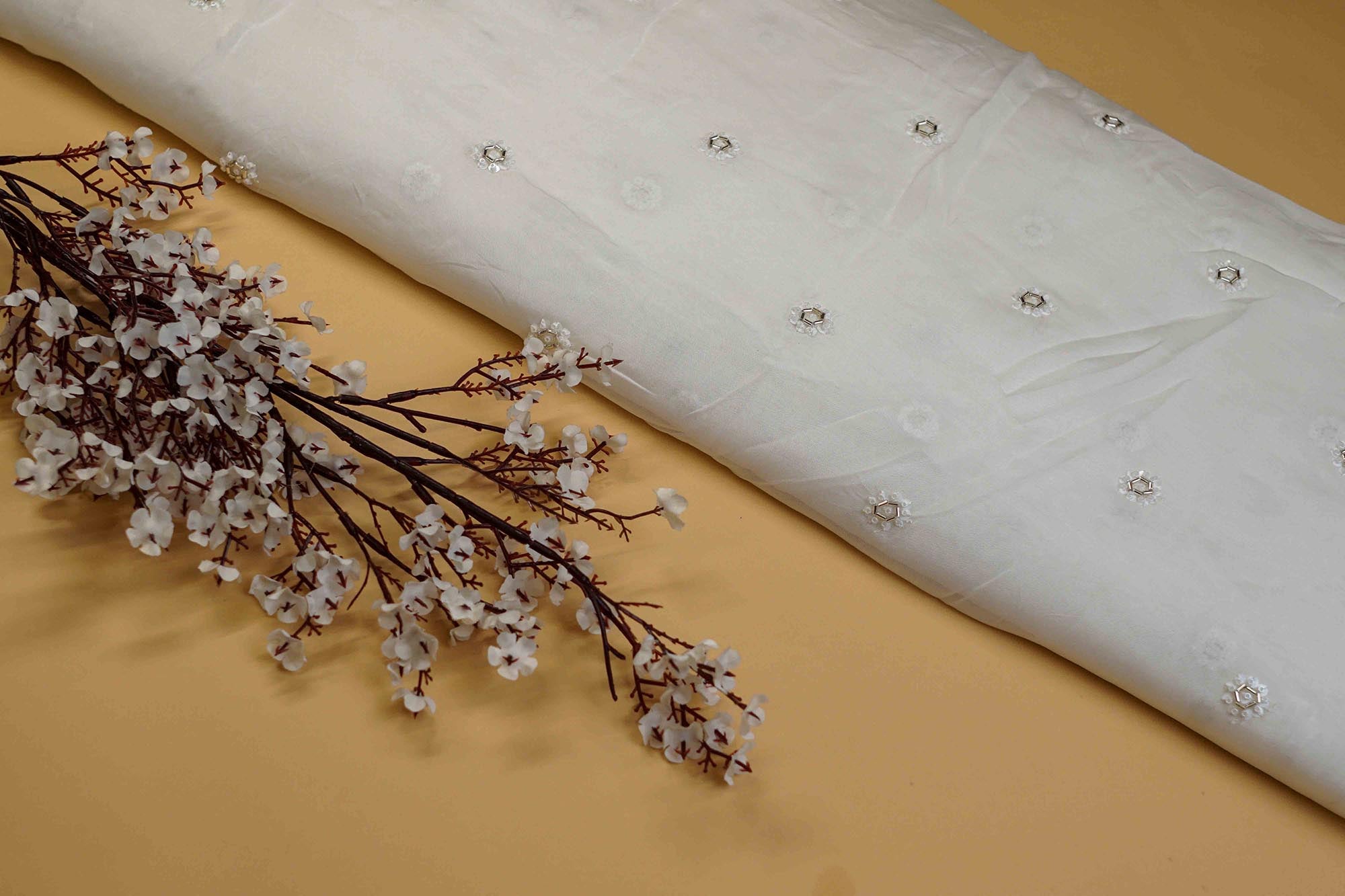 White Viscose Organza with Sequins, Katdana, and Bead Adornments