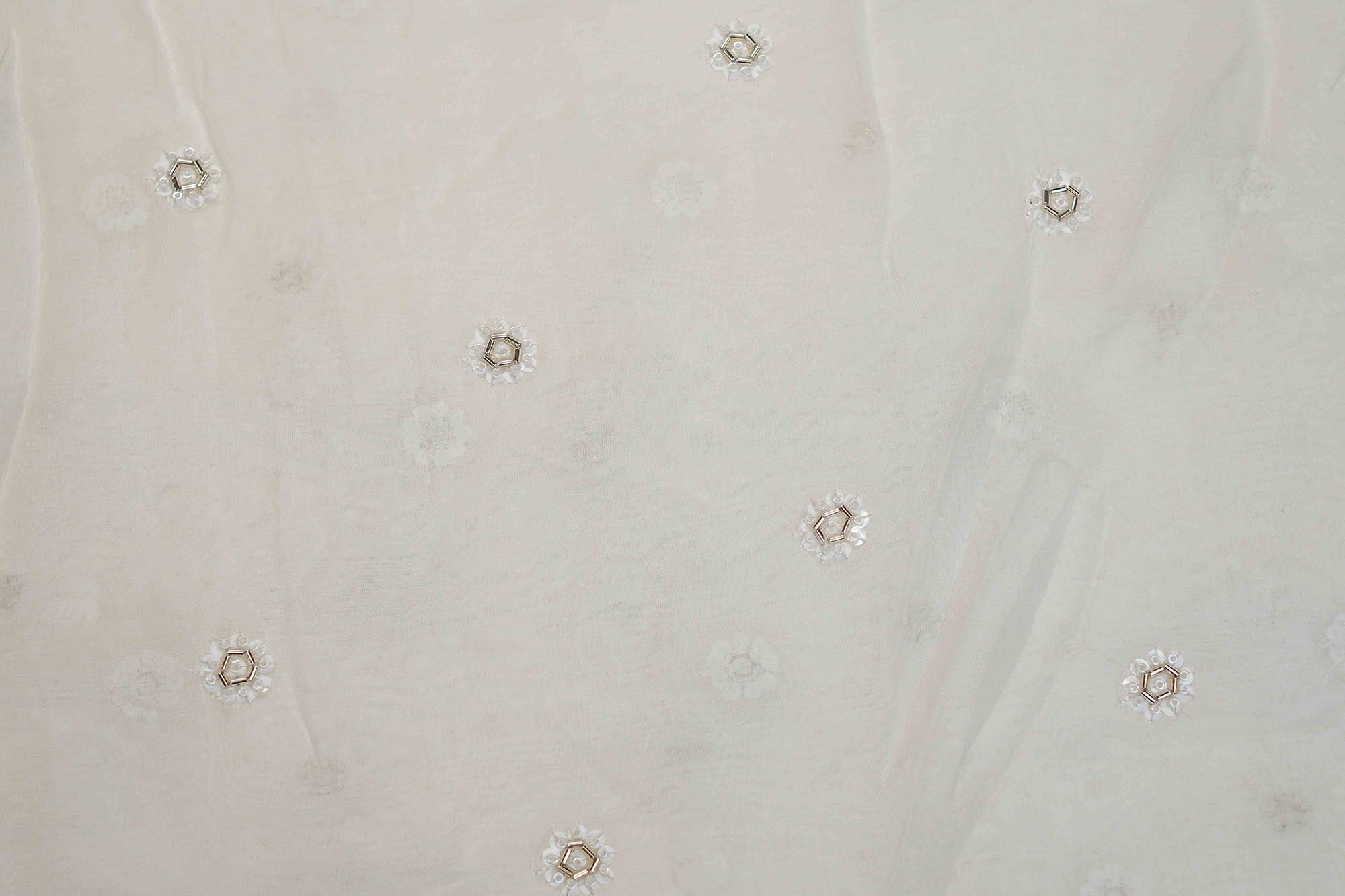 White Viscose Organza with Sequins, Katdana, and Bead Adornments