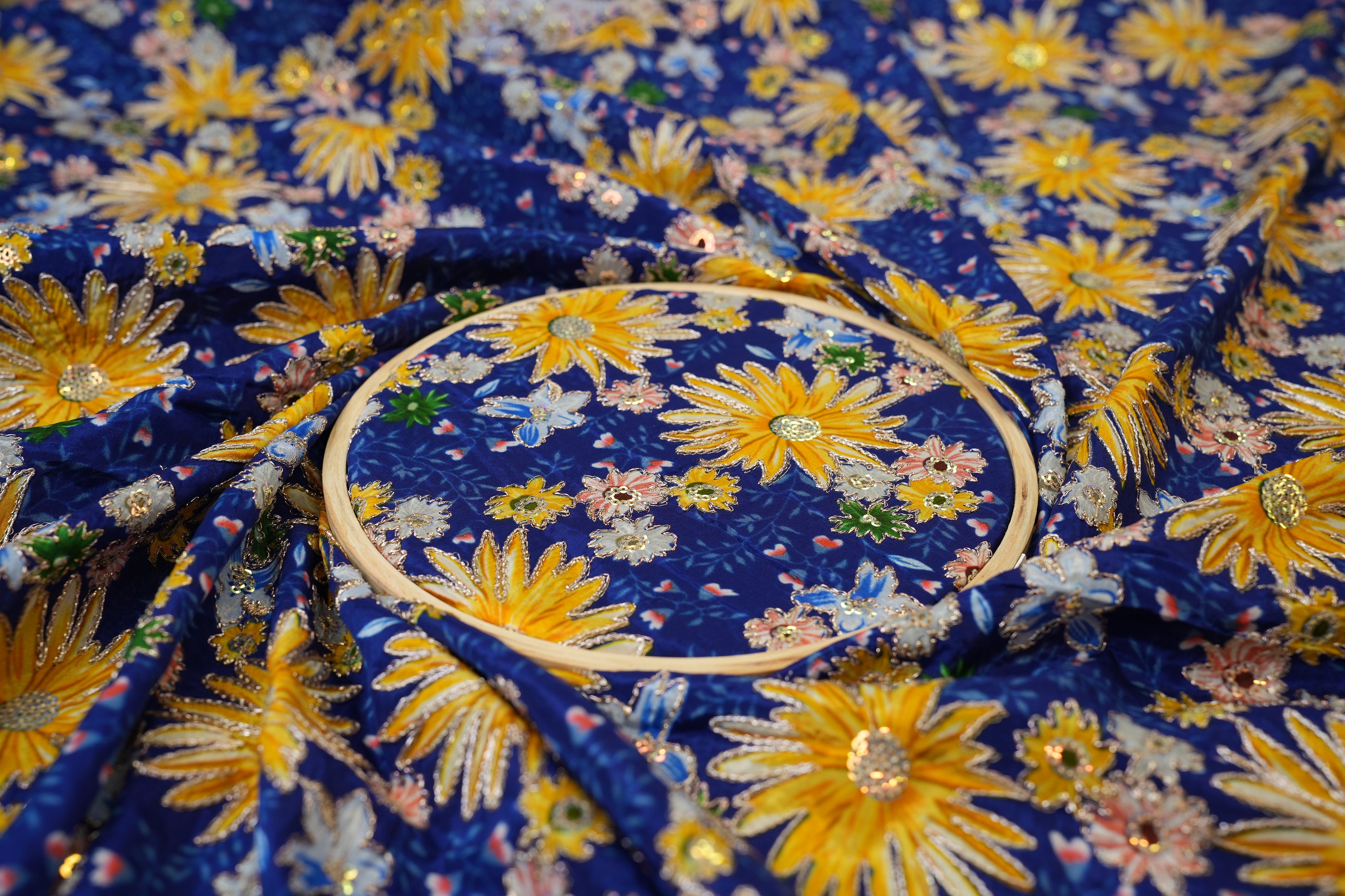 Royal Blue Crepe Fabric with Sequins & Zari Floral Elegance