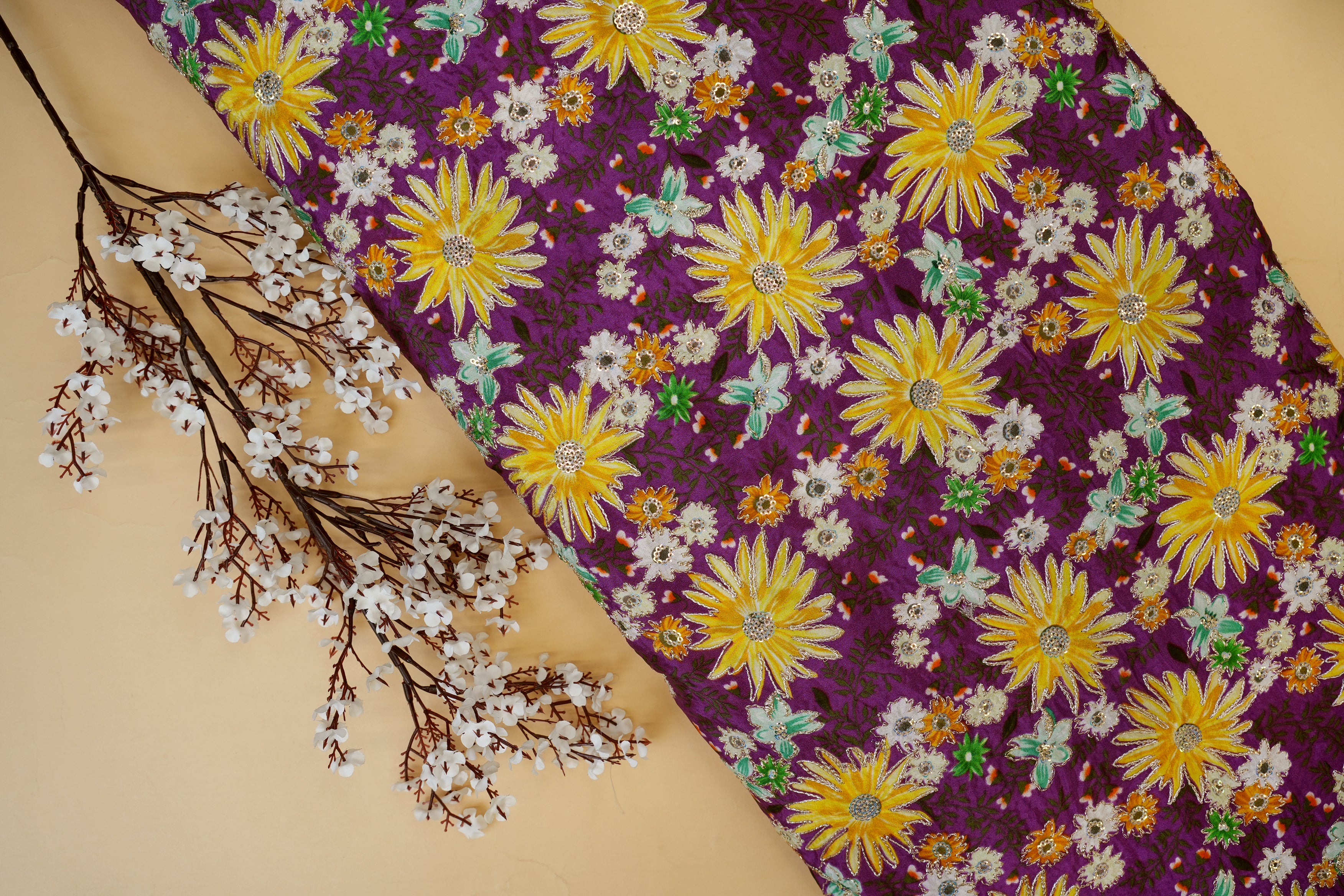 Purple Crepe Fabric with Sequins & Zari Floral Elegance