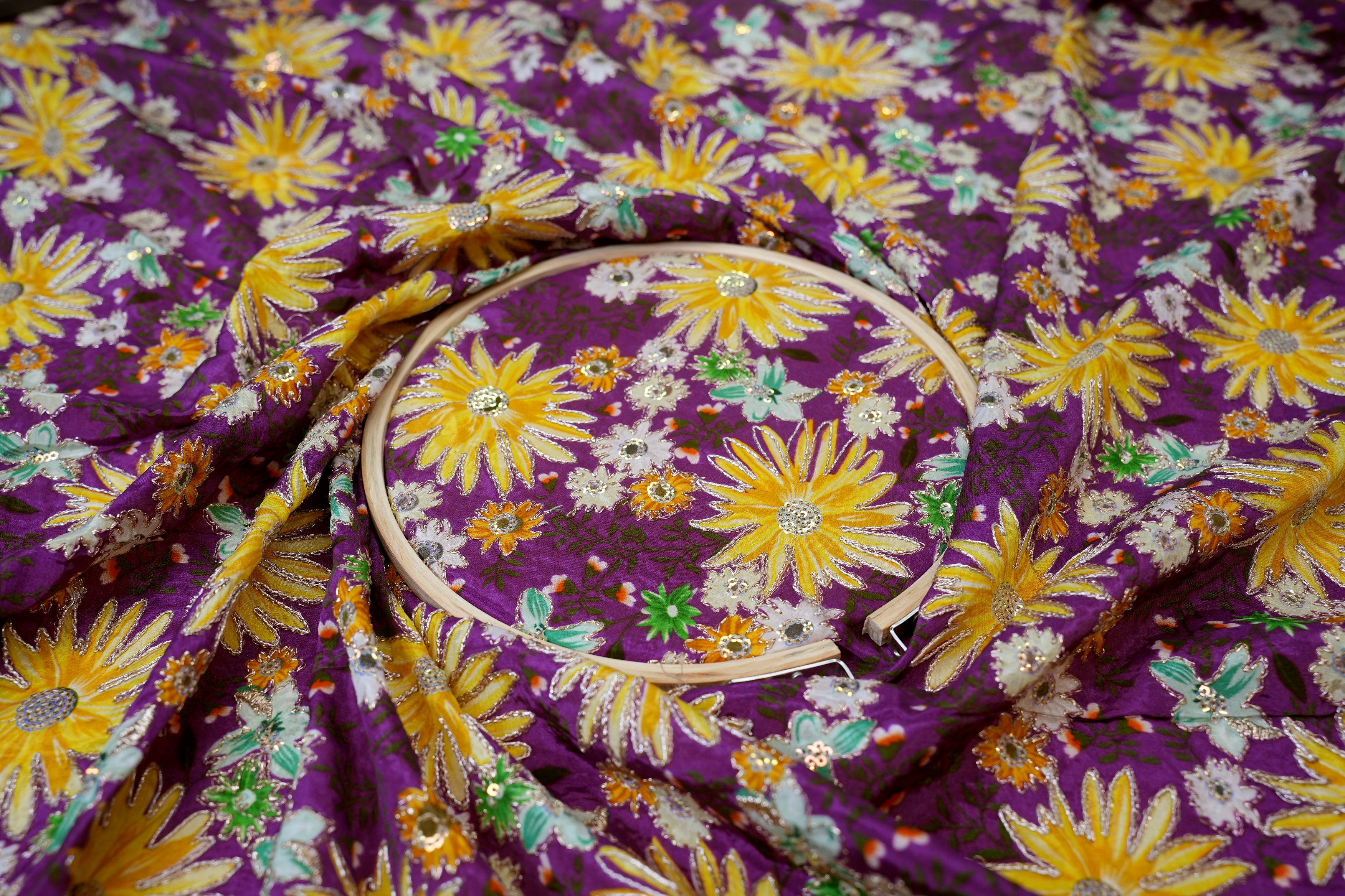 Purple Crepe Fabric with Sequins & Zari Floral Elegance