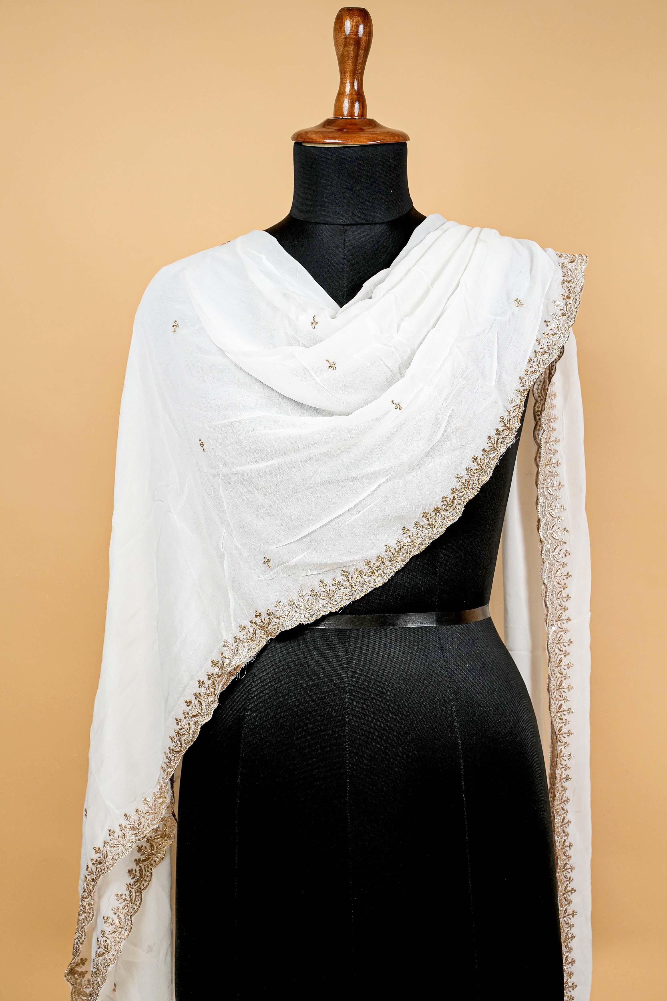 White Dupatta with Zari,sequins and Scallop Border