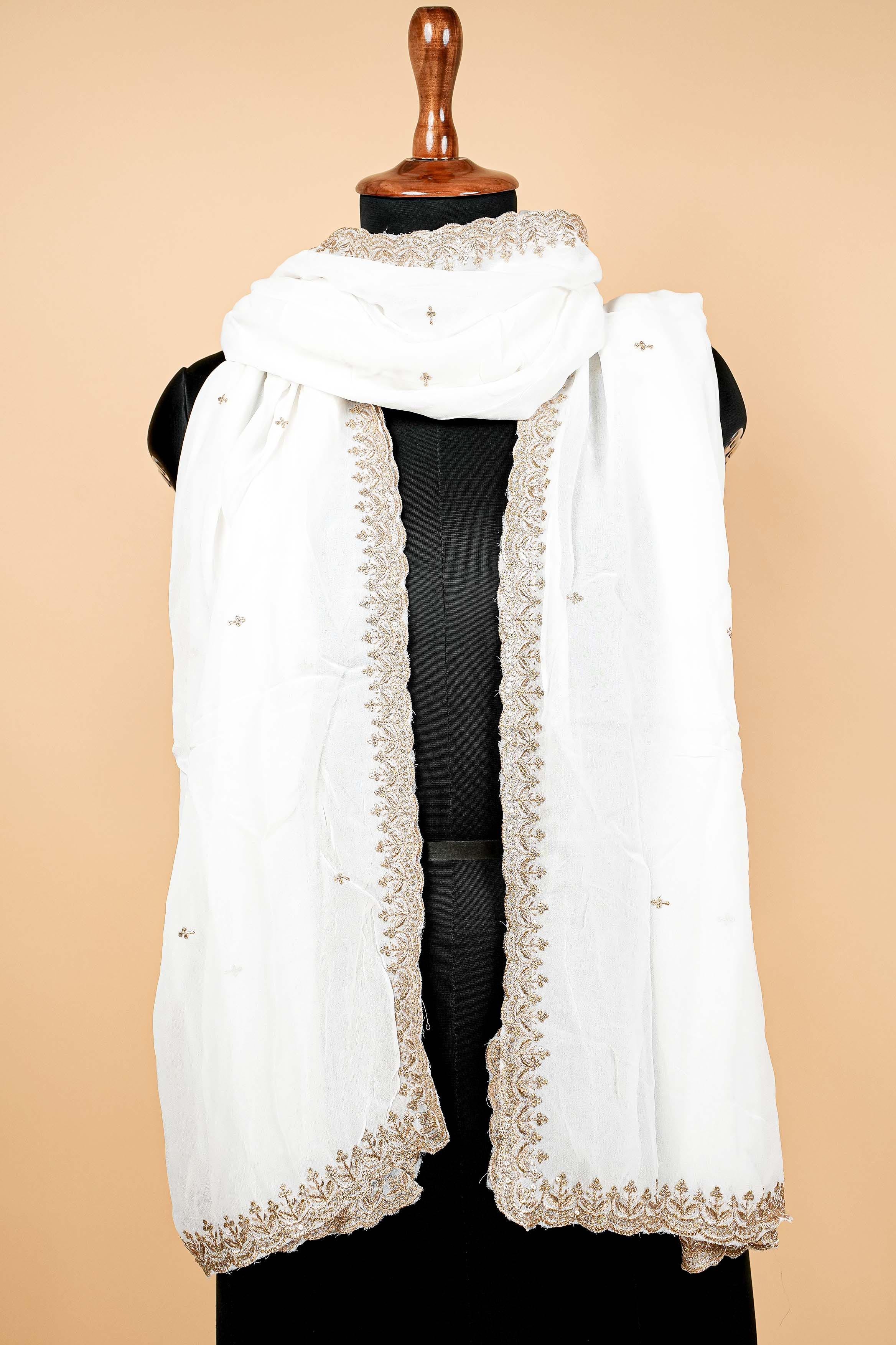 White Dupatta with Zari,sequins and Scallop Border