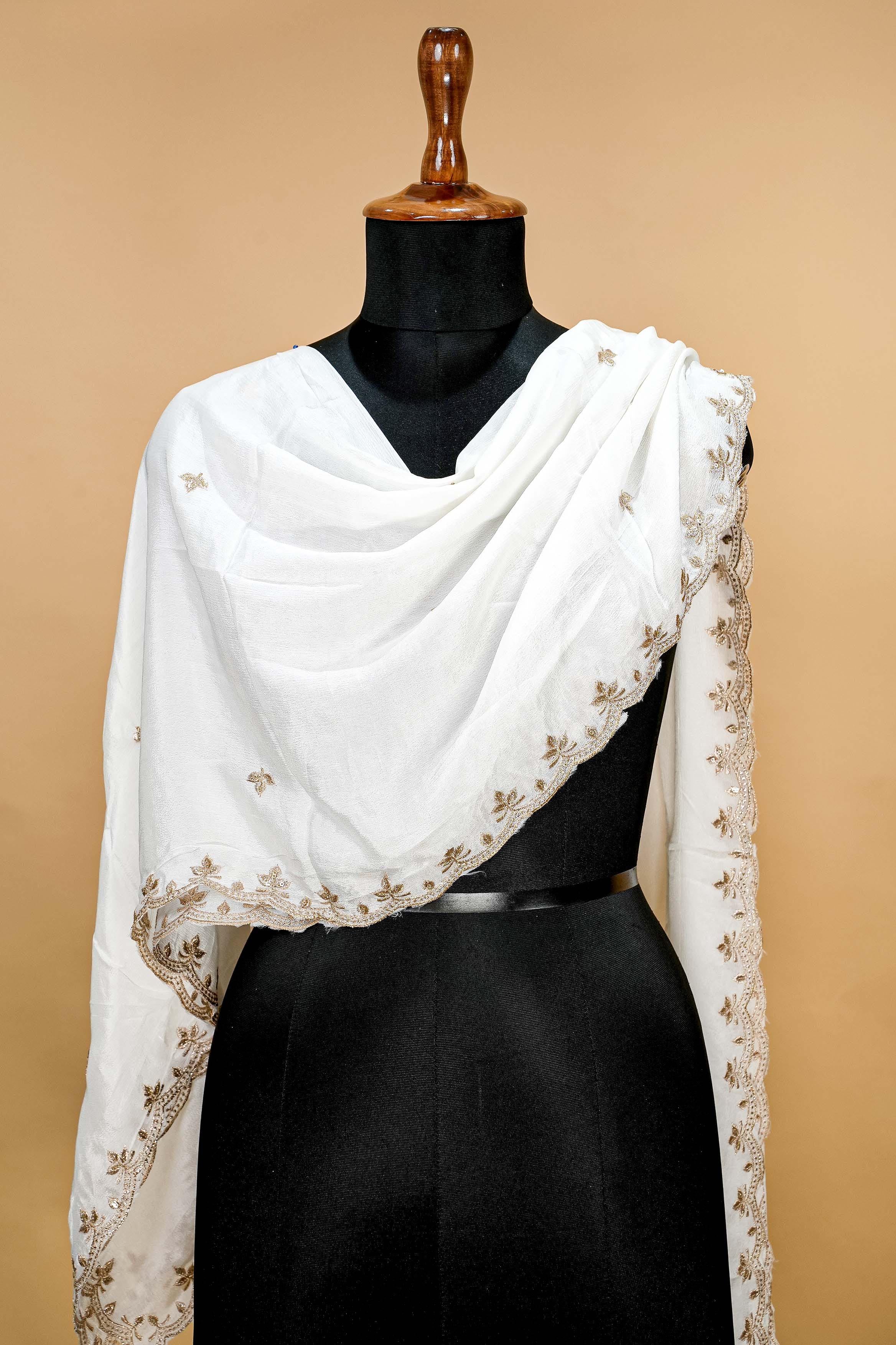 White Dupatta with Zari,sequins and Scallop Border