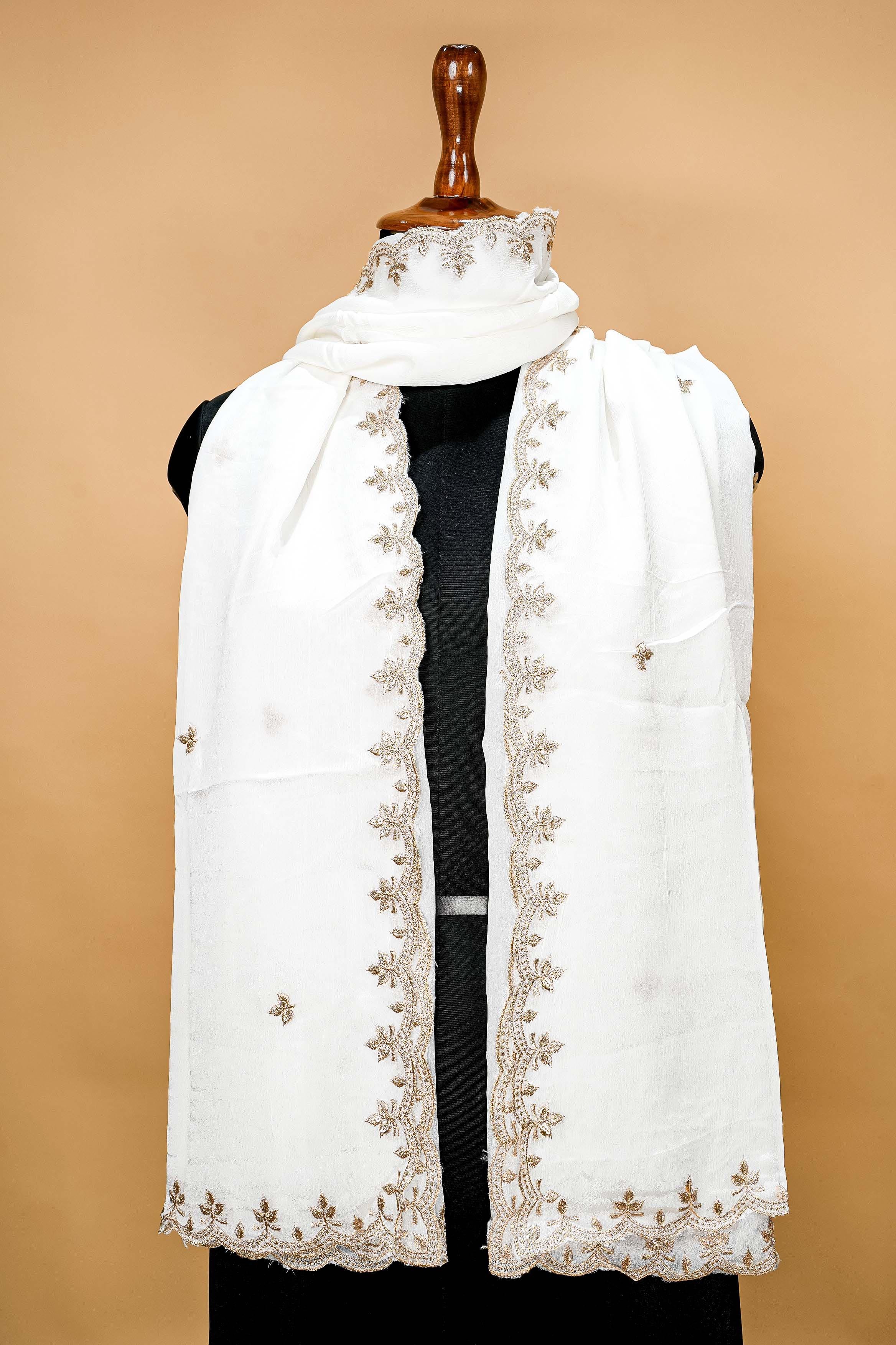 White Dupatta with Zari,sequins and Scallop Border