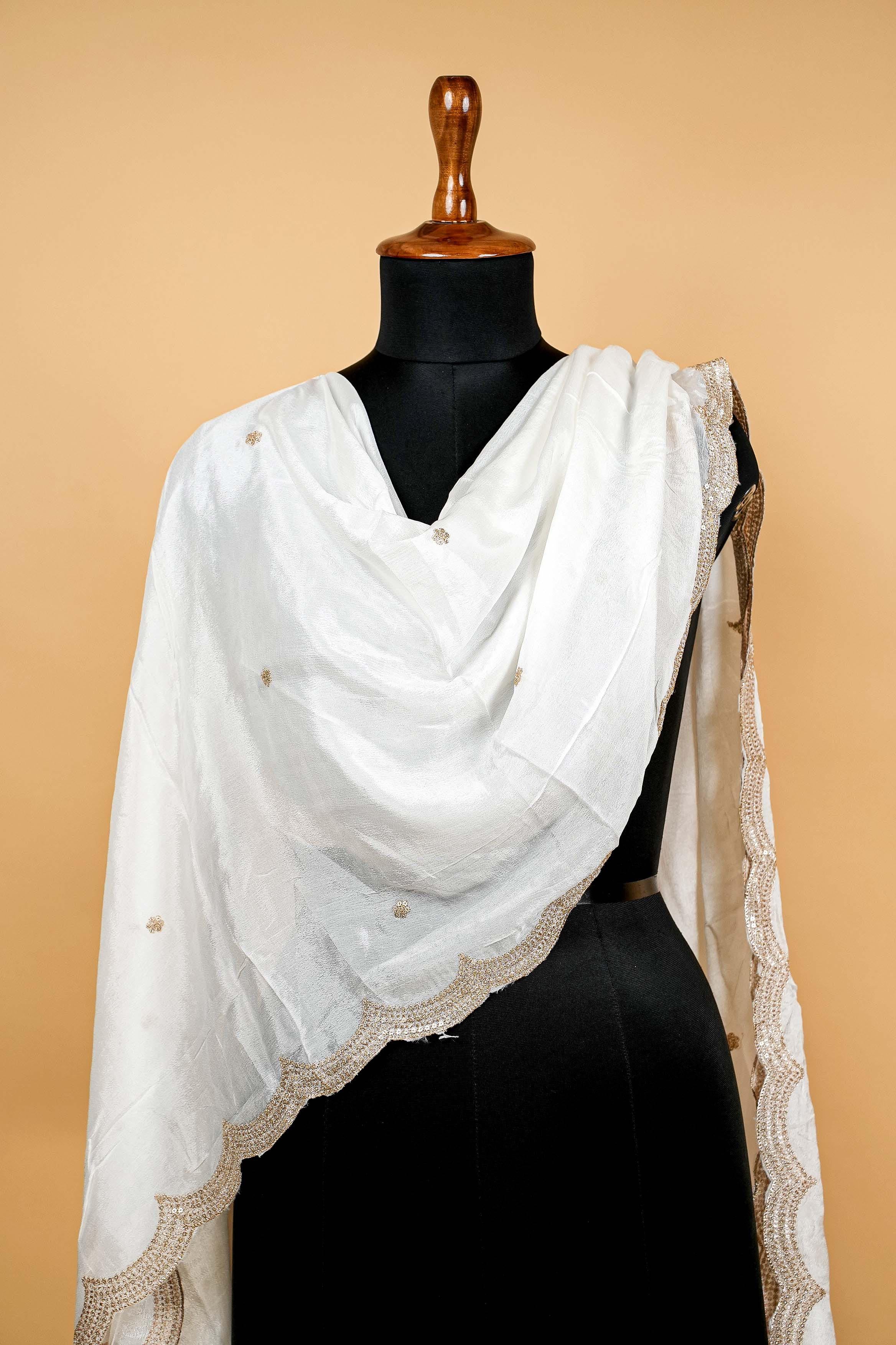 White Dupatta with Zari,sequins and Scallop Border