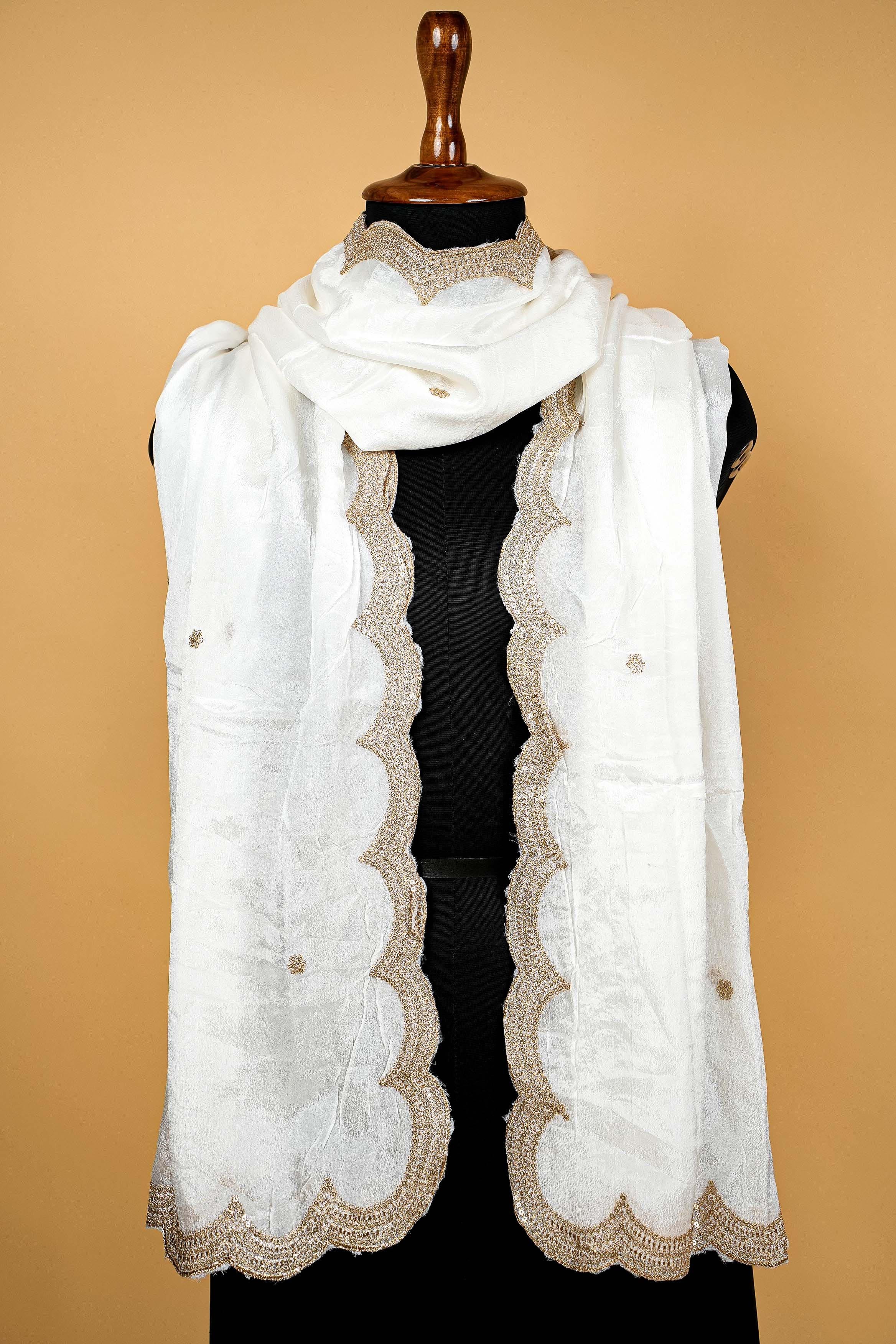 White Dupatta with Zari,sequins and Scallop Border