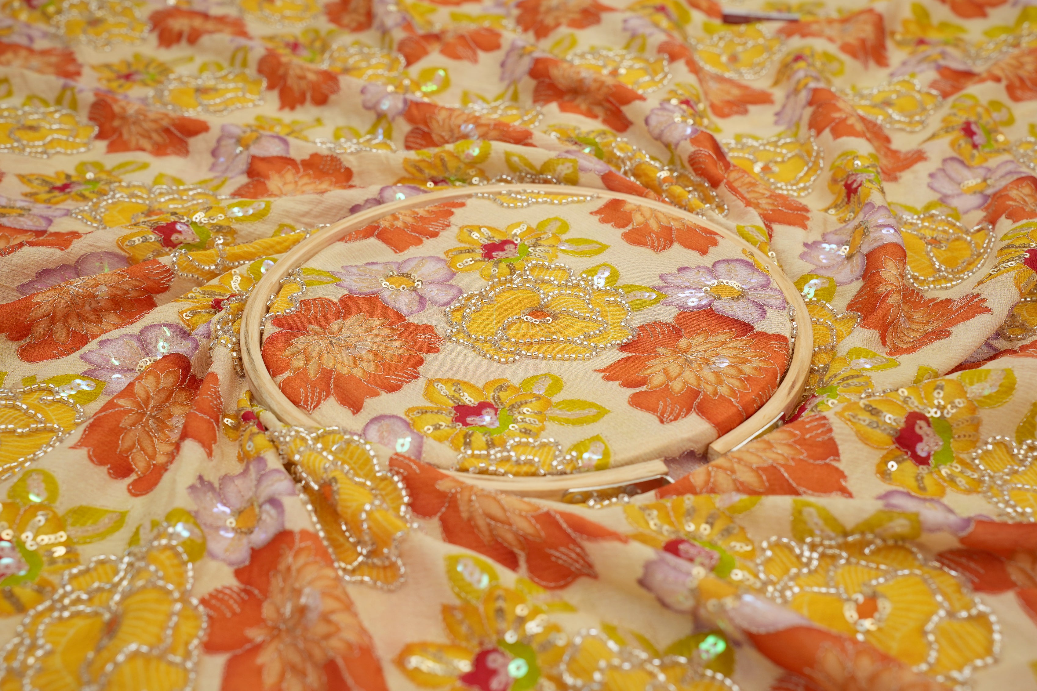 Yellow Floral Chiffon with Sequins & Zari Embroidery