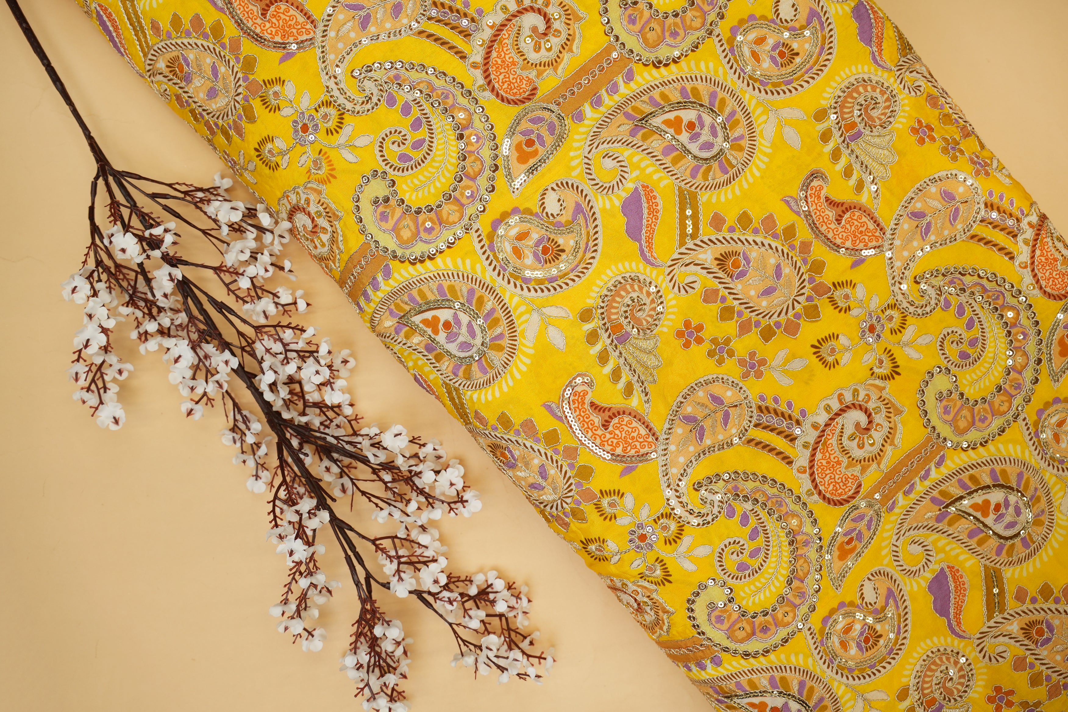 Yellow Crepe Fabric with Sequins & Zari Traditional Elegance