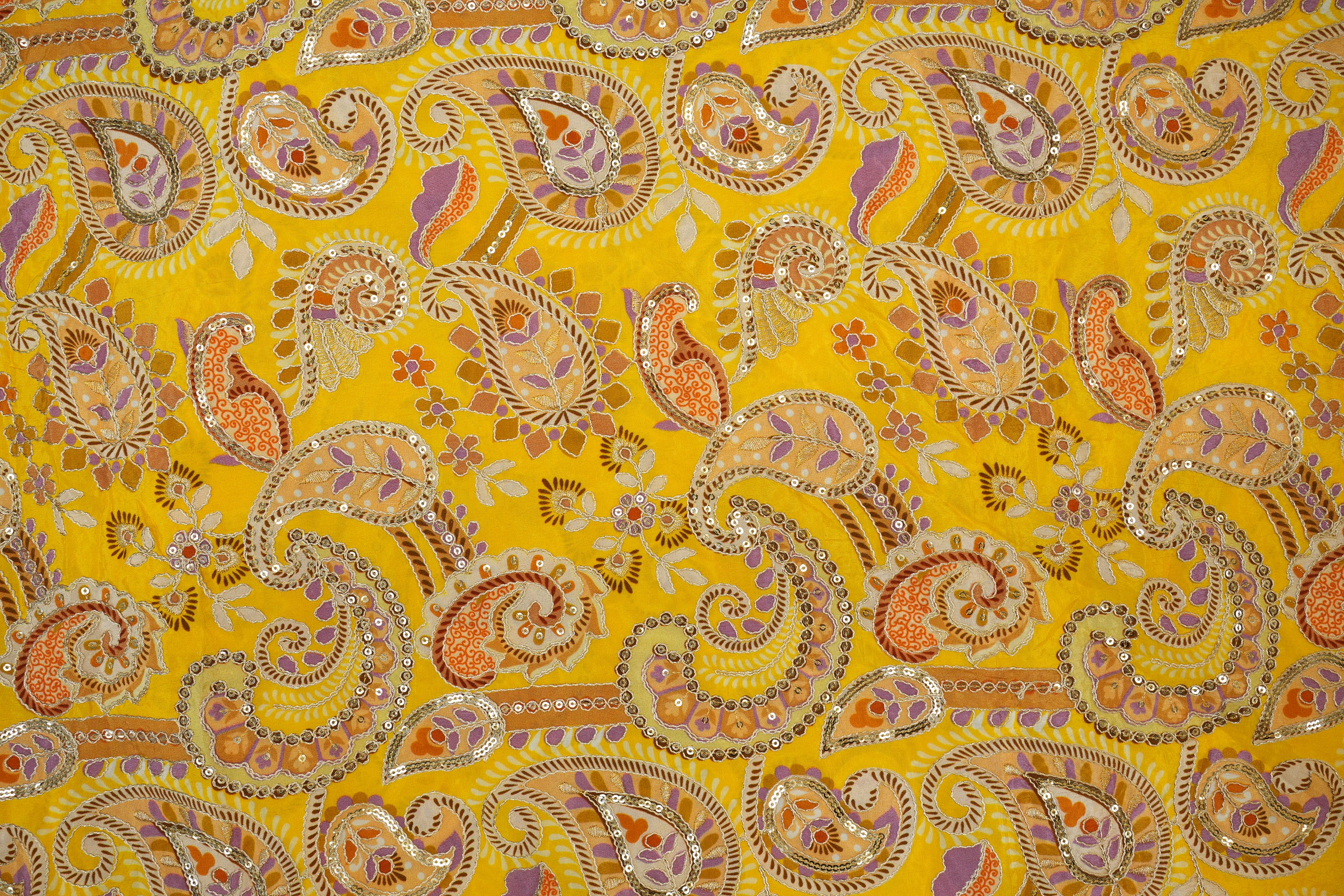 Yellow Crepe Fabric with Sequins & Zari Traditional Elegance