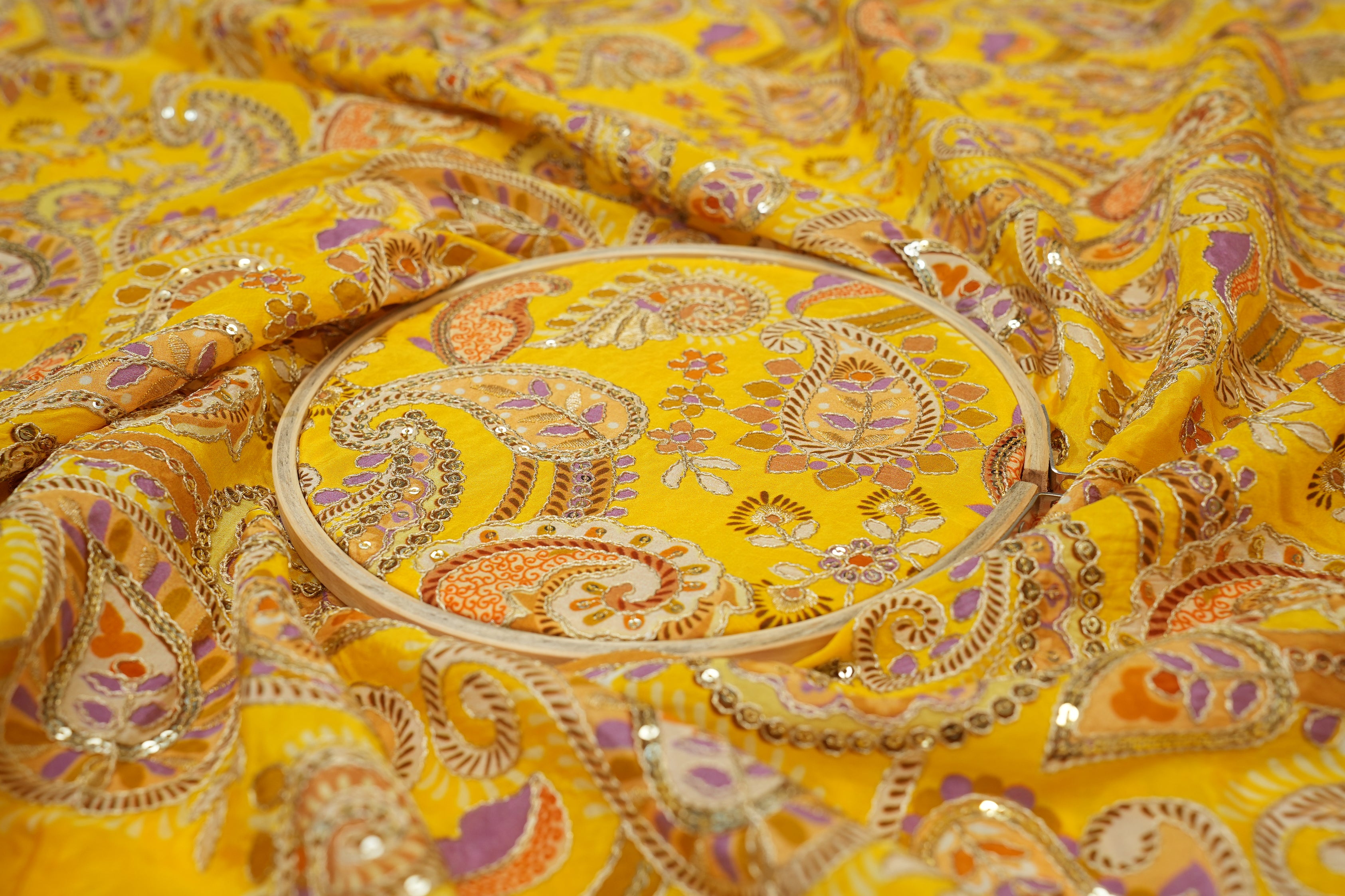 Yellow Crepe Fabric with Sequins & Zari Traditional Elegance