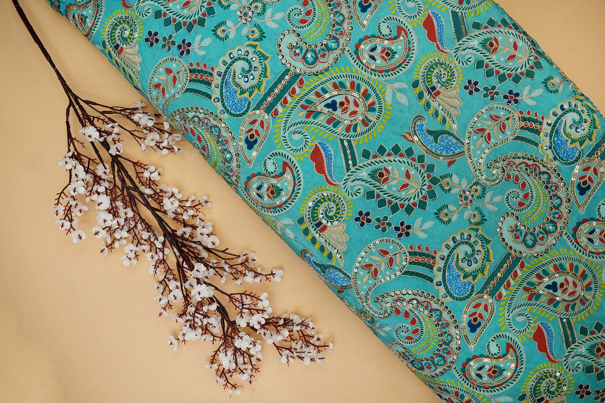 Blue Crepe Fabric with Sequins & Zari in Traditional Patterns