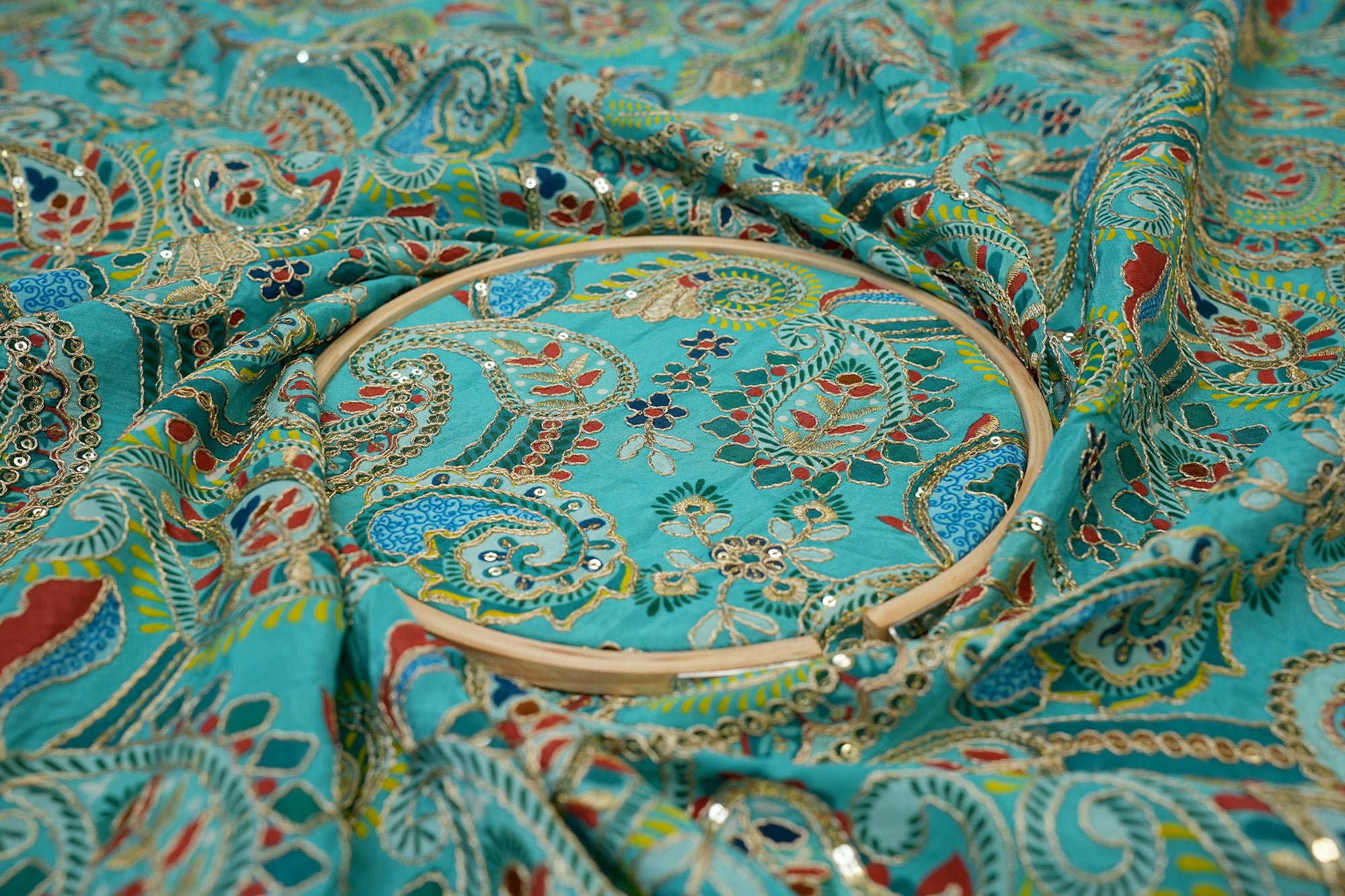 Blue Crepe Fabric with Sequins & Zari in Traditional Patterns