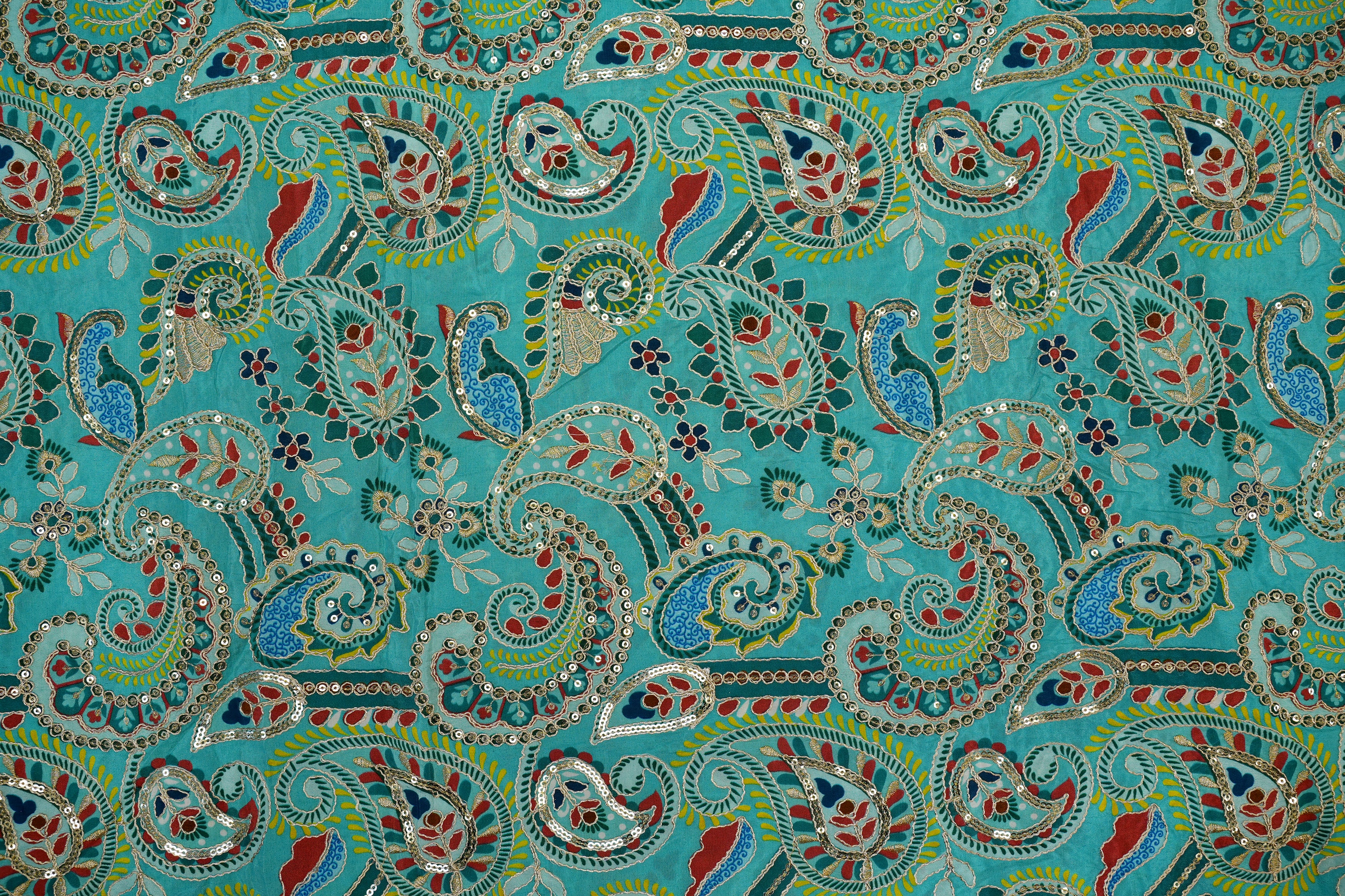 Blue Crepe Fabric with Sequins & Zari in Traditional Patterns