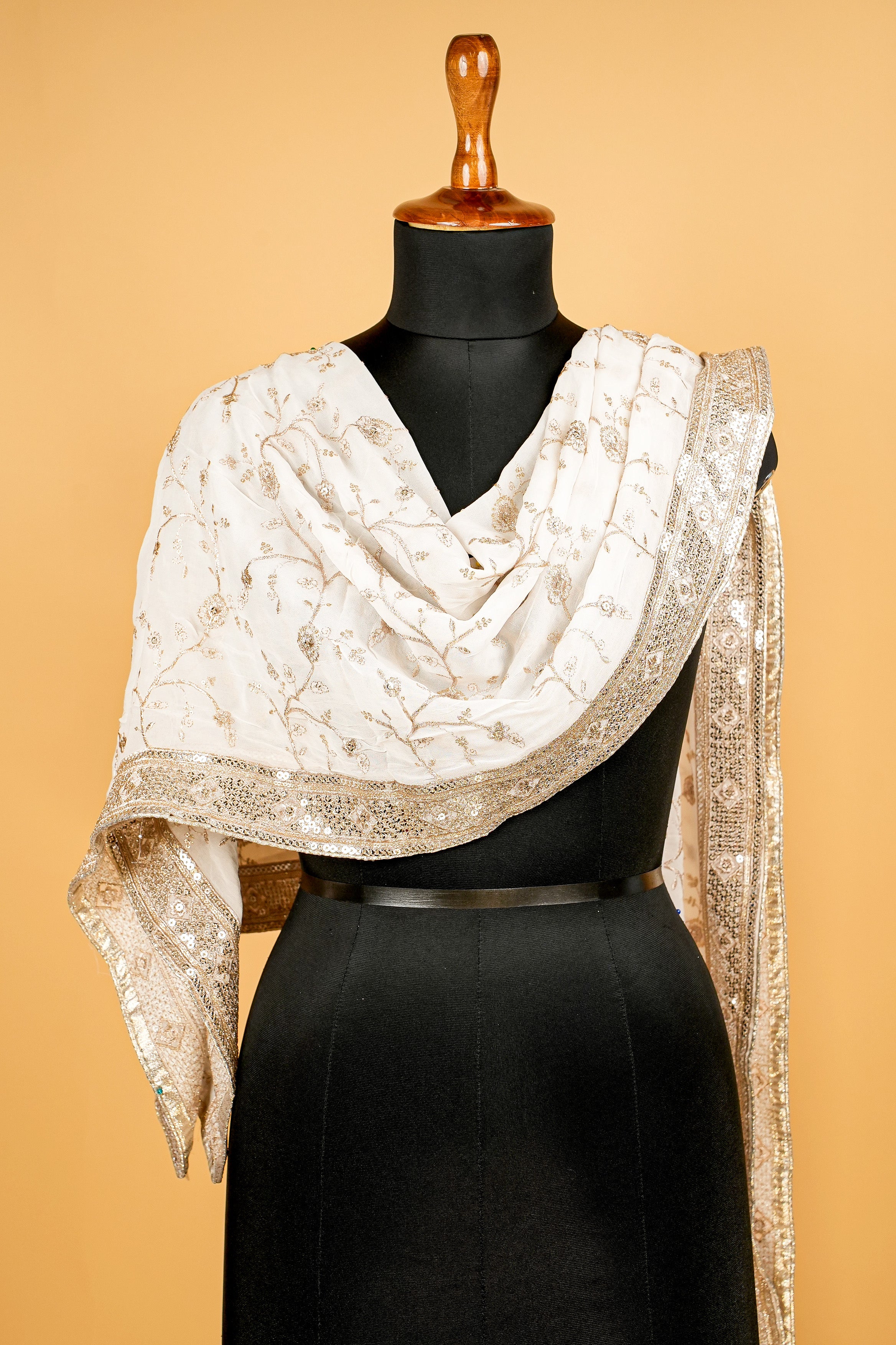 White Dupatta With Zari Work,Sequins and Beautiful Border