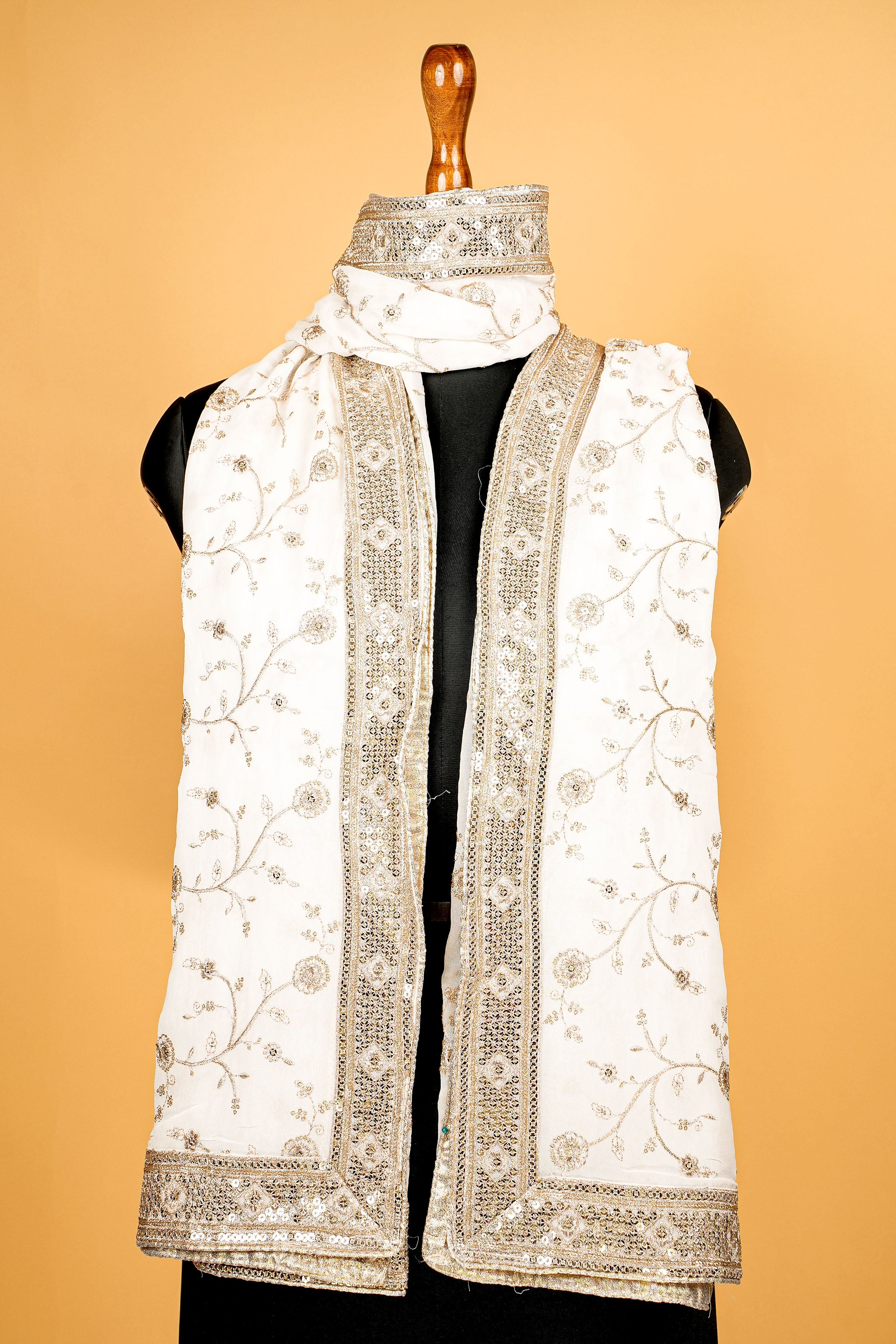 White Dupatta With Zari Work,Sequins and Beautiful Border