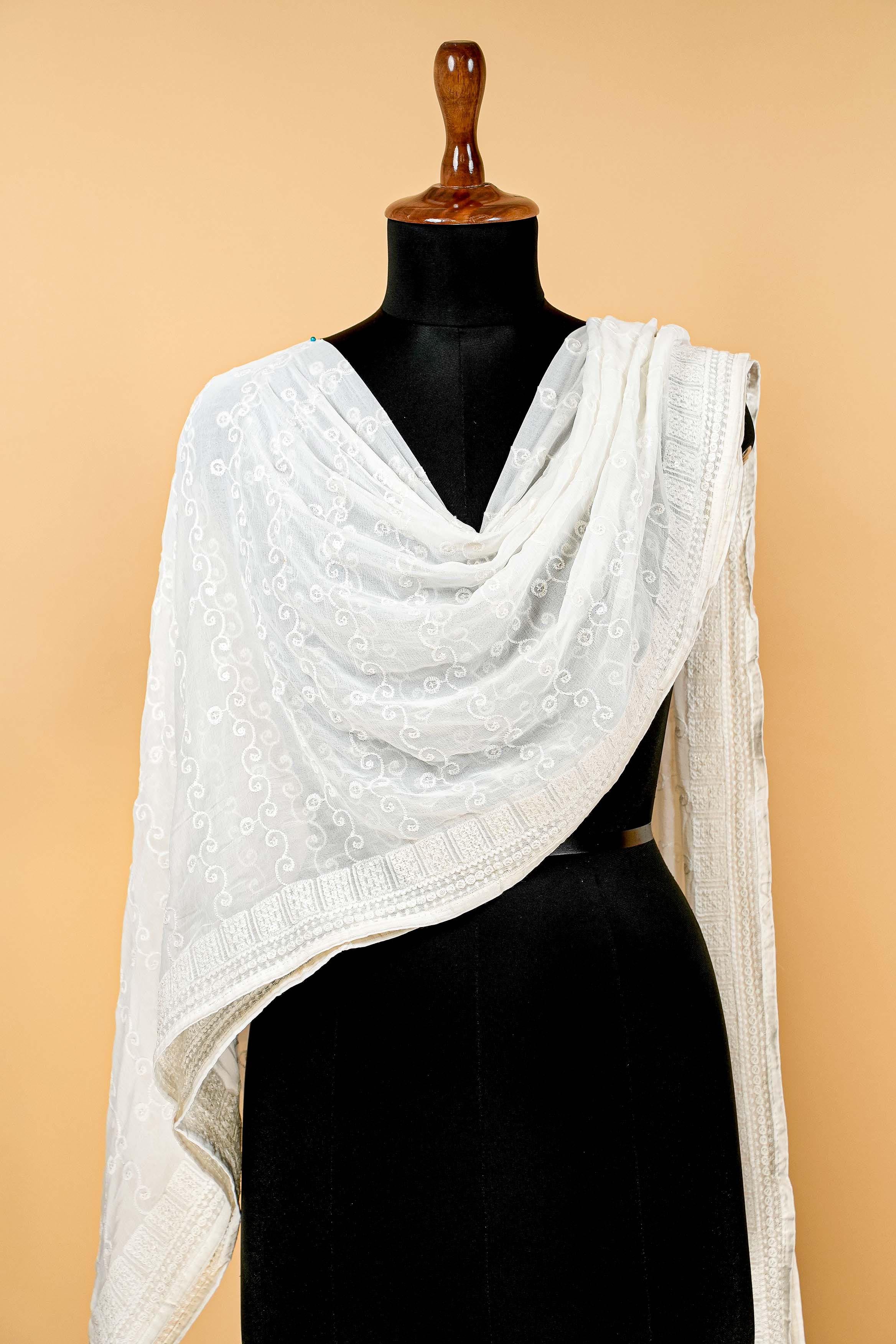 White Dupatta with Thread work, Sequins and Border