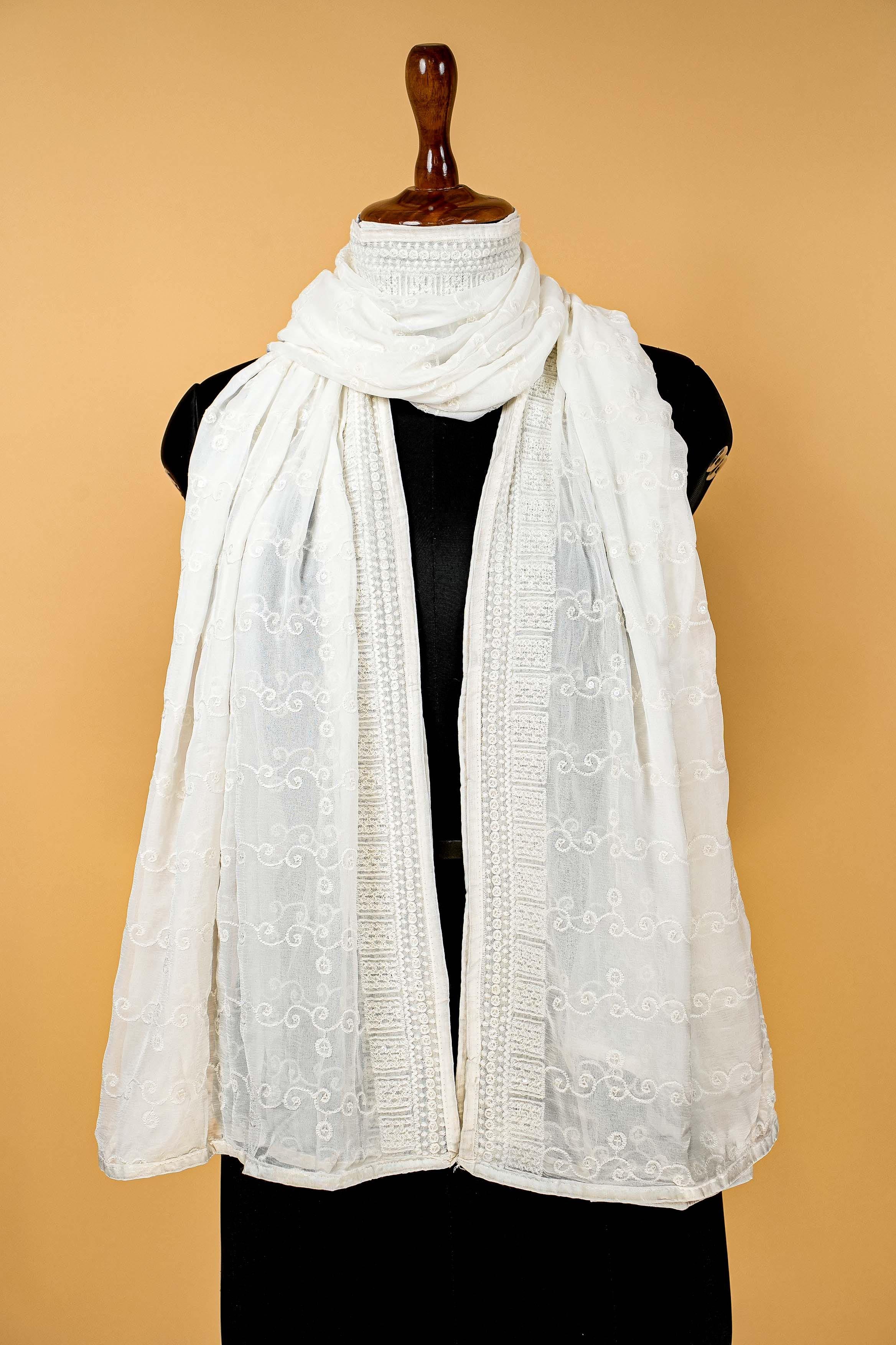 White Dupatta with Thread work, Sequins and Border