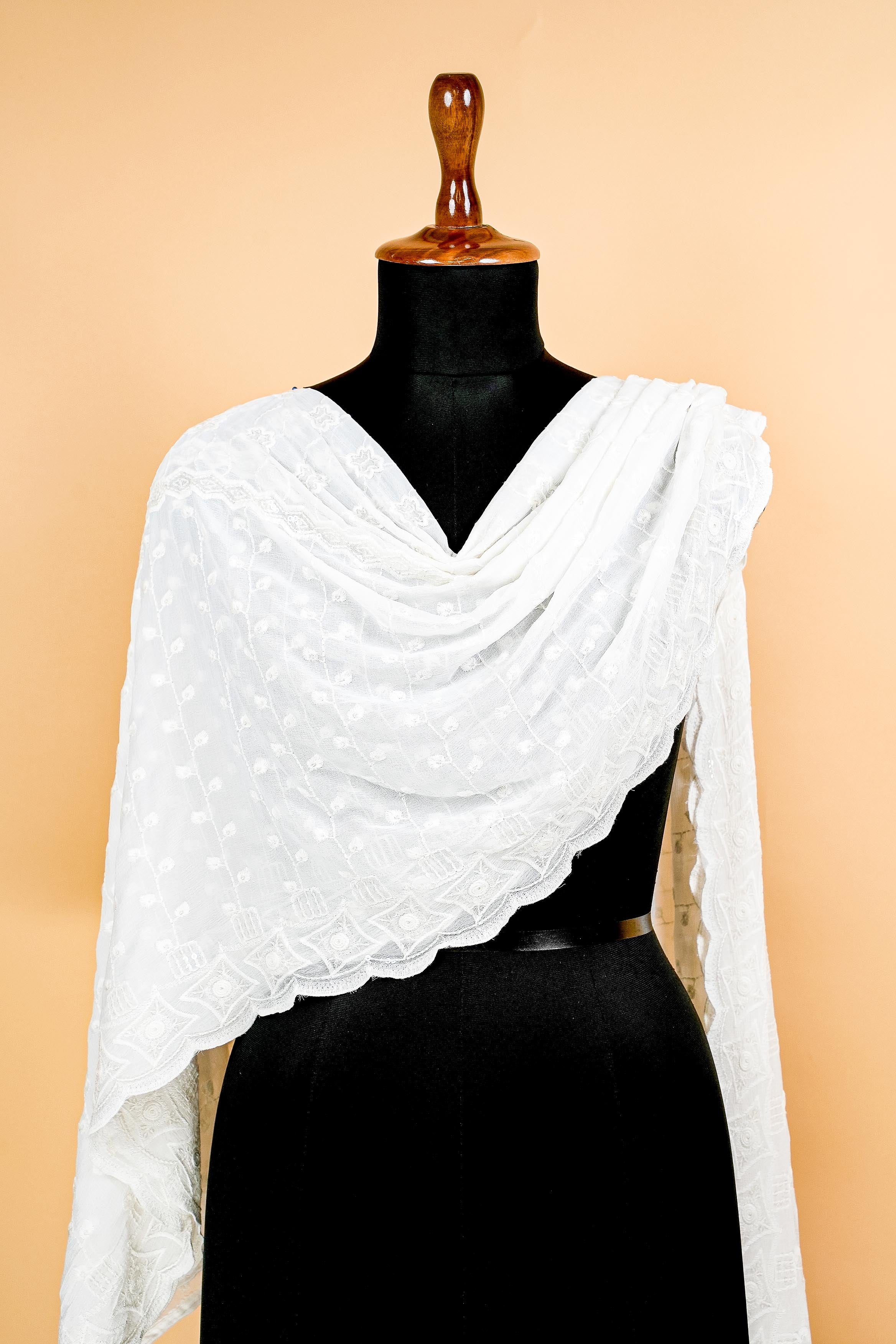 White Dupatta with Thread work, Sequins and Scallop Border